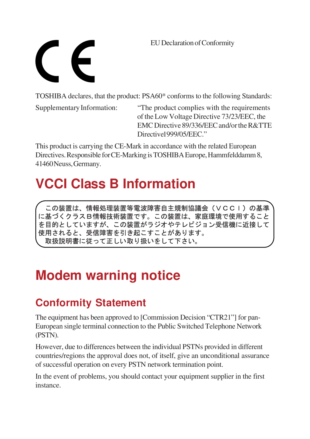 Toshiba A60 user manual Vcci Class B Information Modem warning notice, Conformity Statement 