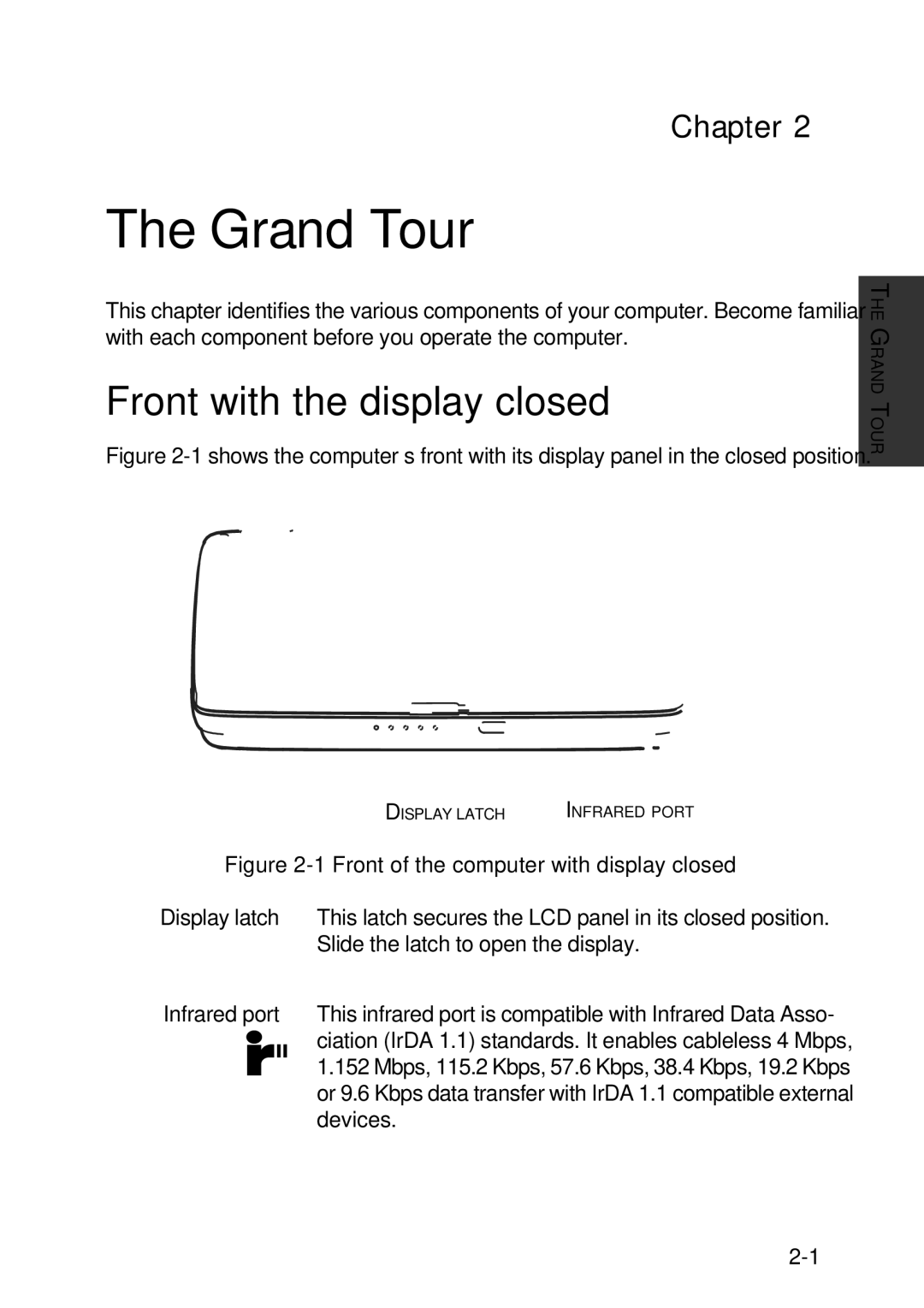 Toshiba A60 user manual Grand Tour, Front with the display closed, Chapter 