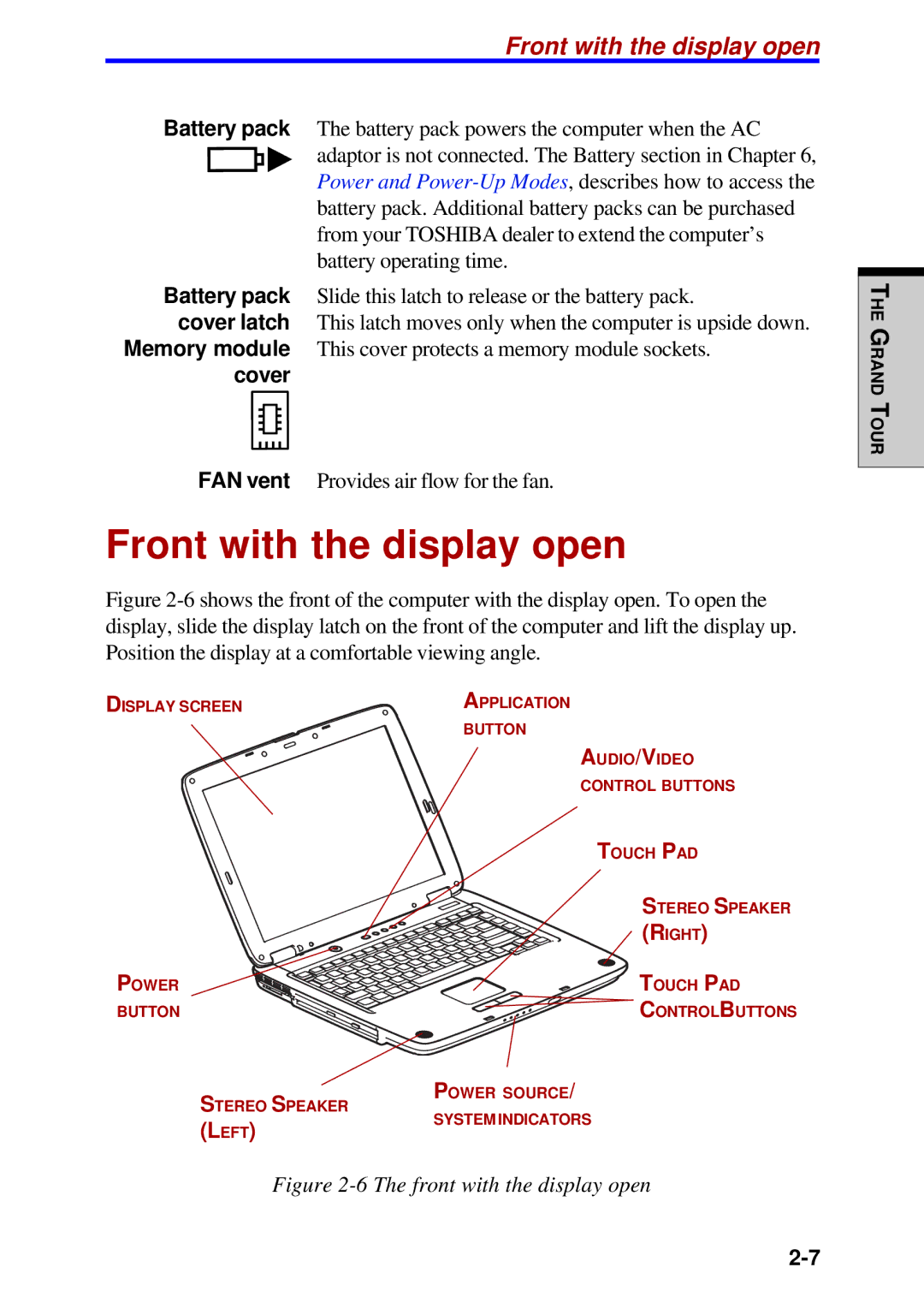 Toshiba A60 user manual Front with the display open, Cover 