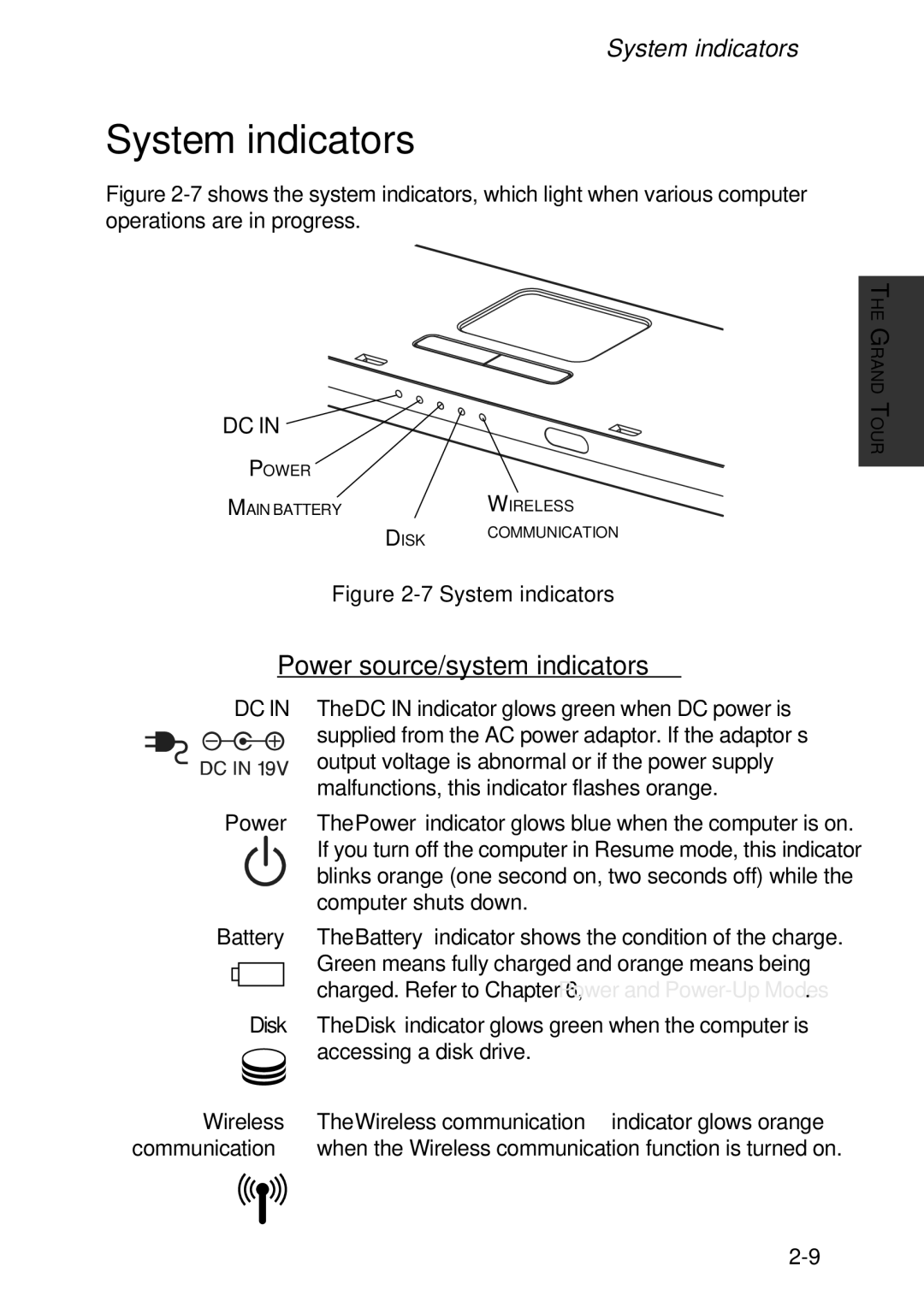 Toshiba A60 user manual System indicators, Power source/system indicators 