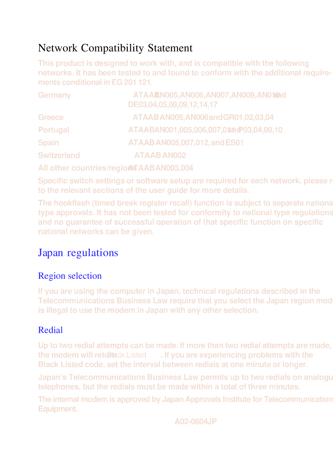 Toshiba A60 user manual Network Compatibility Statement, Japan regulations, Region selection, Redial 