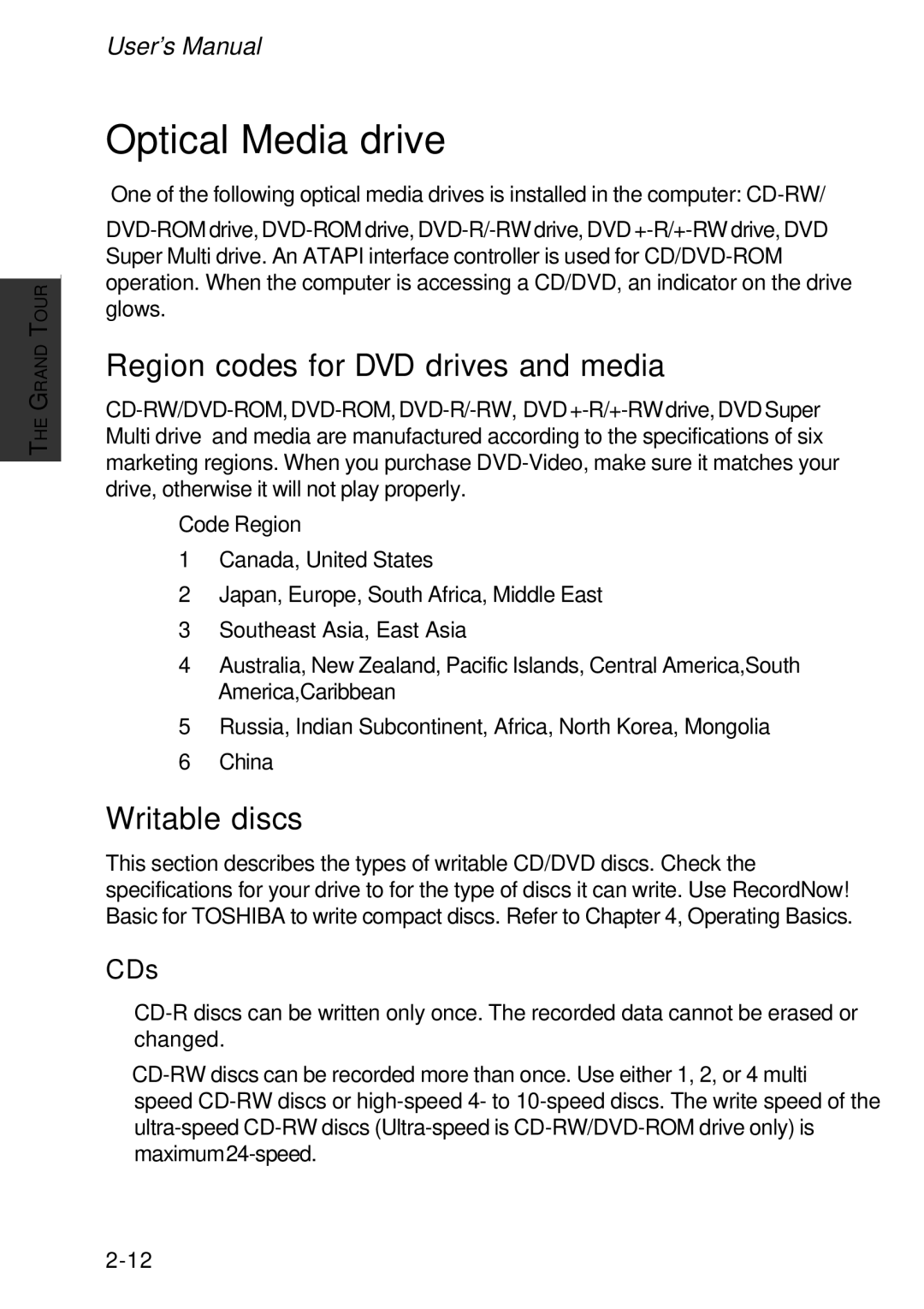 Toshiba A60 user manual Optical Media drive, Region codes for DVD drives and media, Writable discs 