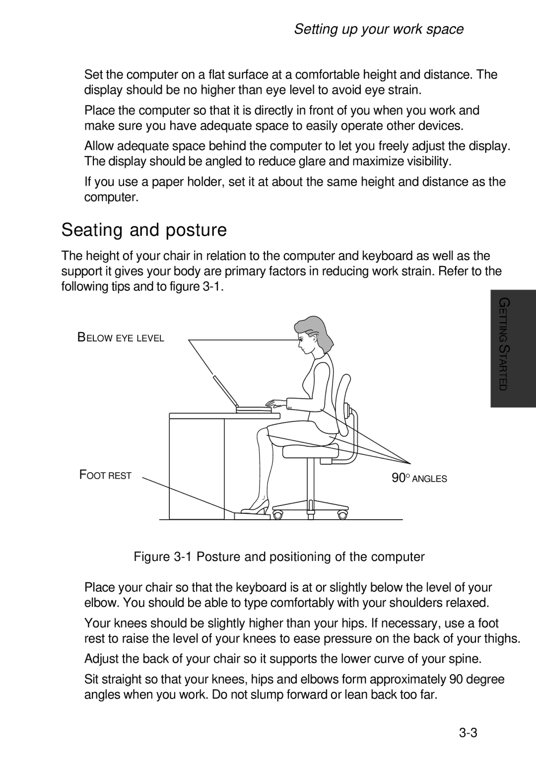 Toshiba A60 user manual Seating and posture, Setting up your work space 