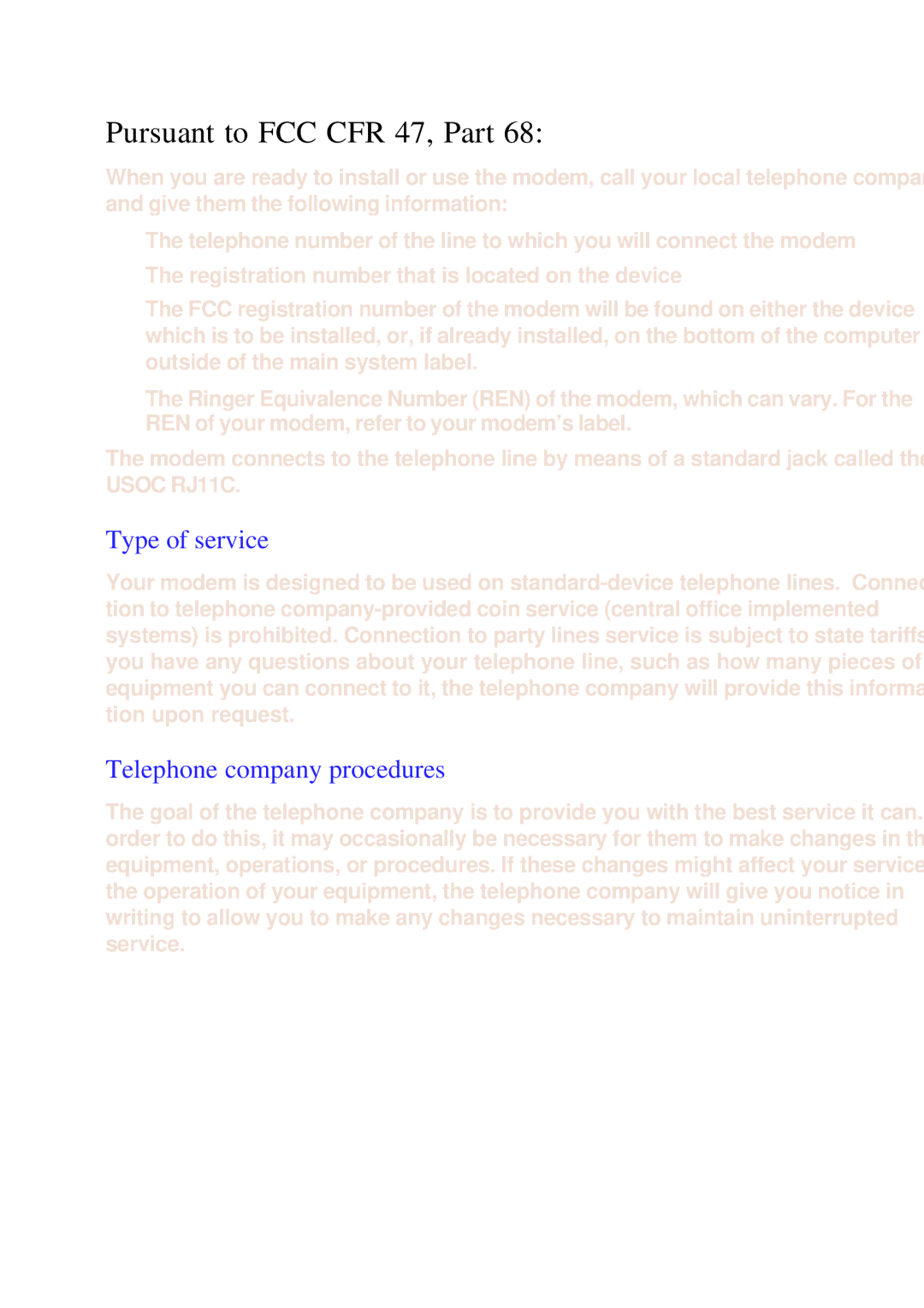 Toshiba A60 user manual Pursuant to FCC CFR 47, Part, Type of service, Telephone company procedures 