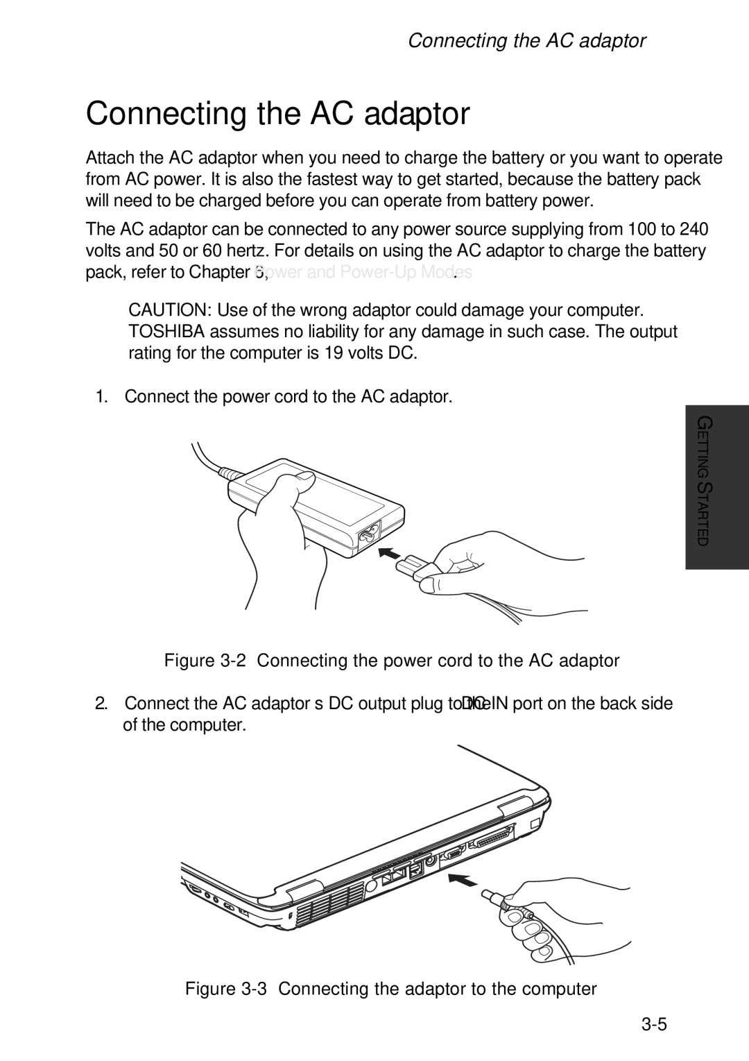 Toshiba A60 user manual Connecting the AC adaptor 