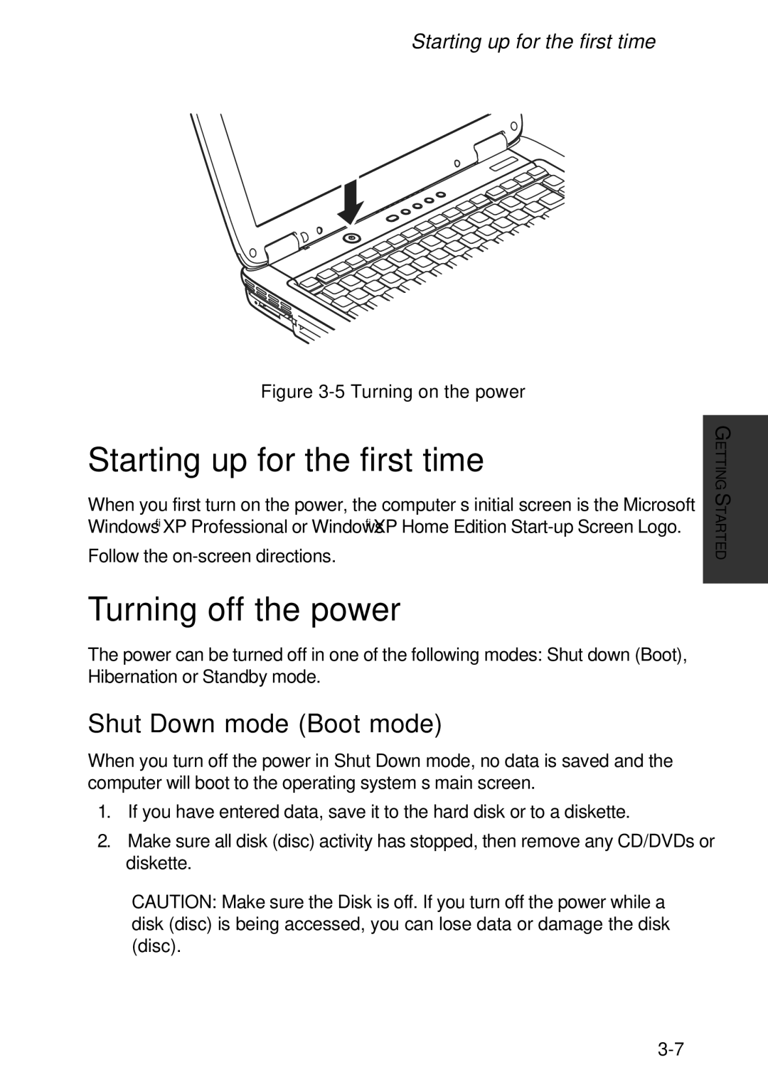 Toshiba A60 user manual Starting up for the first time, Turning off the power, Shut Down mode Boot mode 