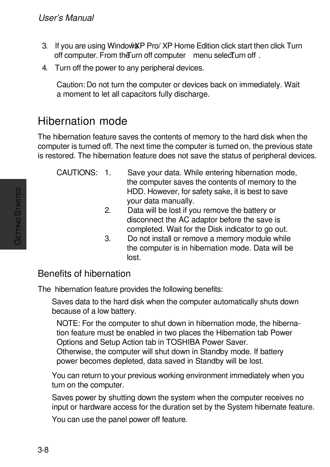 Toshiba A60 user manual Hibernation mode, Benefits of hibernation 