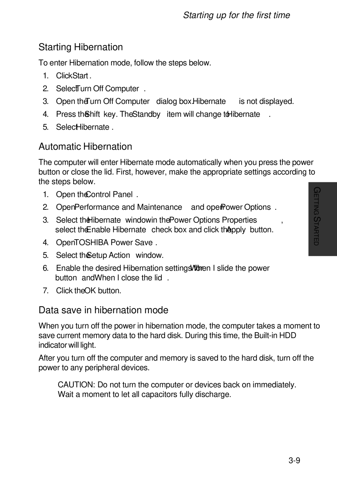 Toshiba A60 user manual Select Turn Off Computer, Select Hibernate, Open Toshiba Power Save 