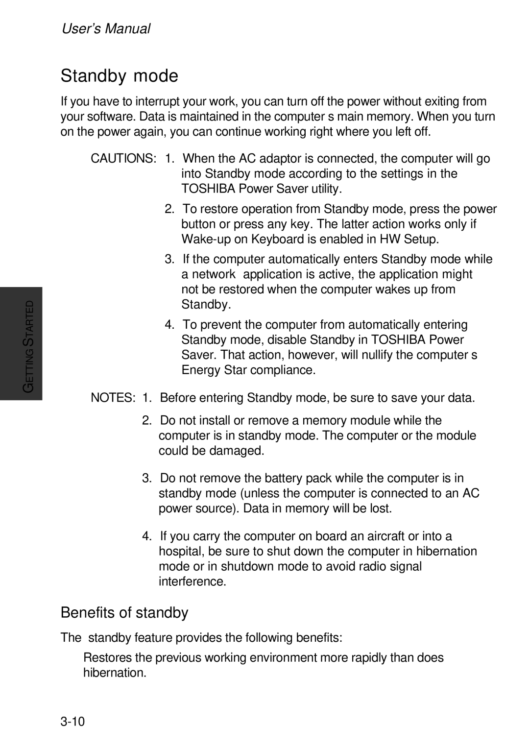 Toshiba A60 user manual Standby mode, Benefits of standby 