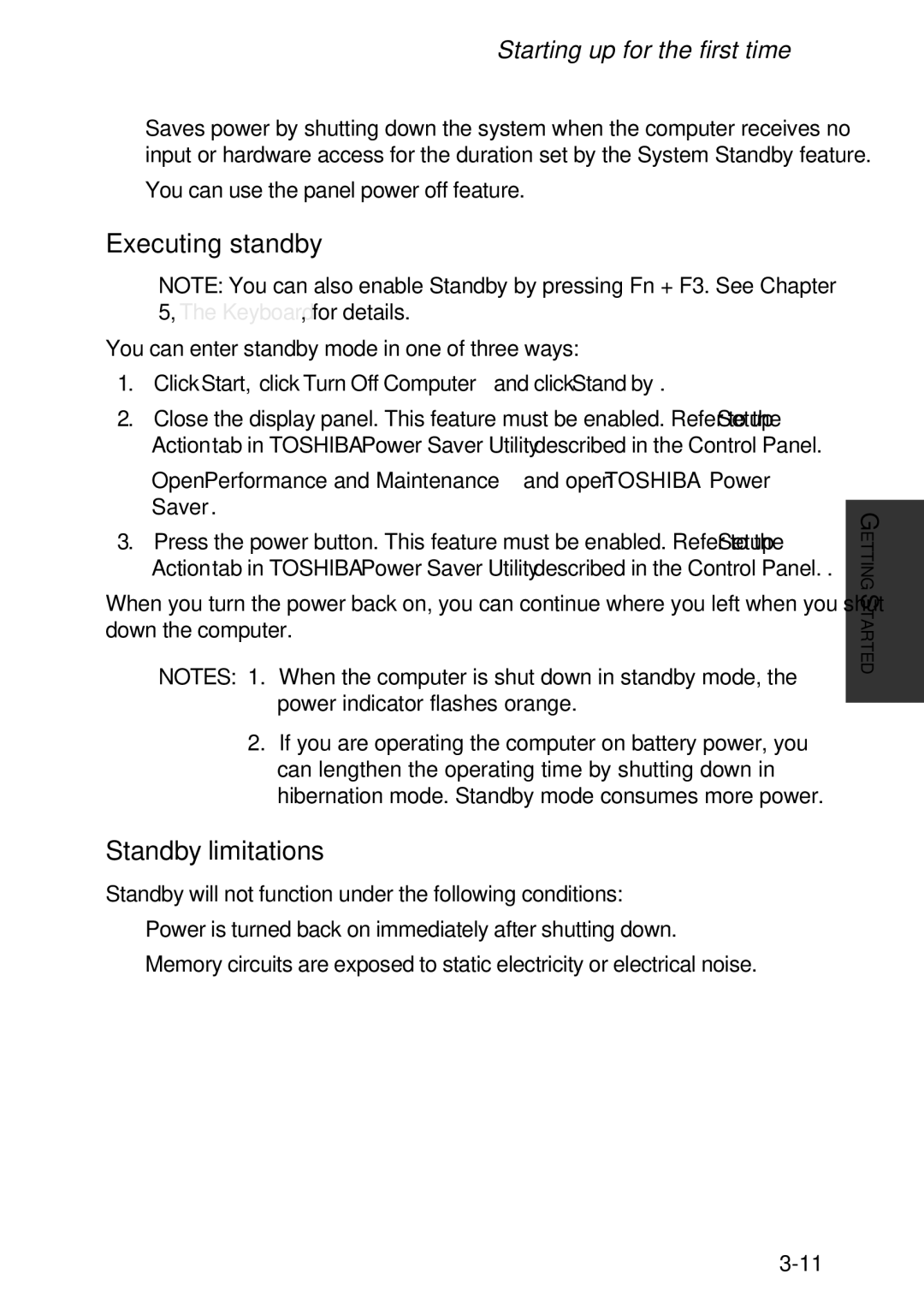 Toshiba A60 user manual Executing standby, Click Start, click Turn Off Computer and click Stand by 