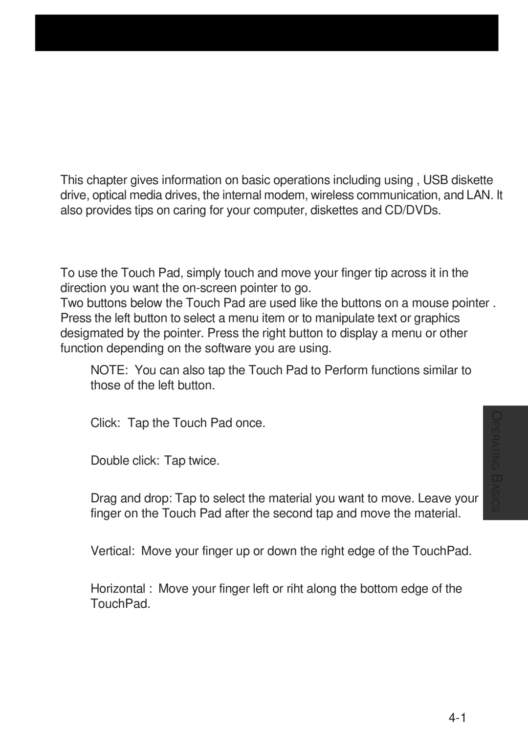 Toshiba A60 user manual Operating Basics, Using the Touch Pad 