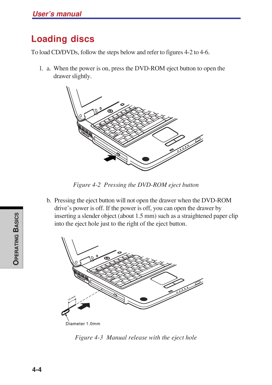 Toshiba A60 user manual Loading discs, Pressing the DVD-ROM eject button 