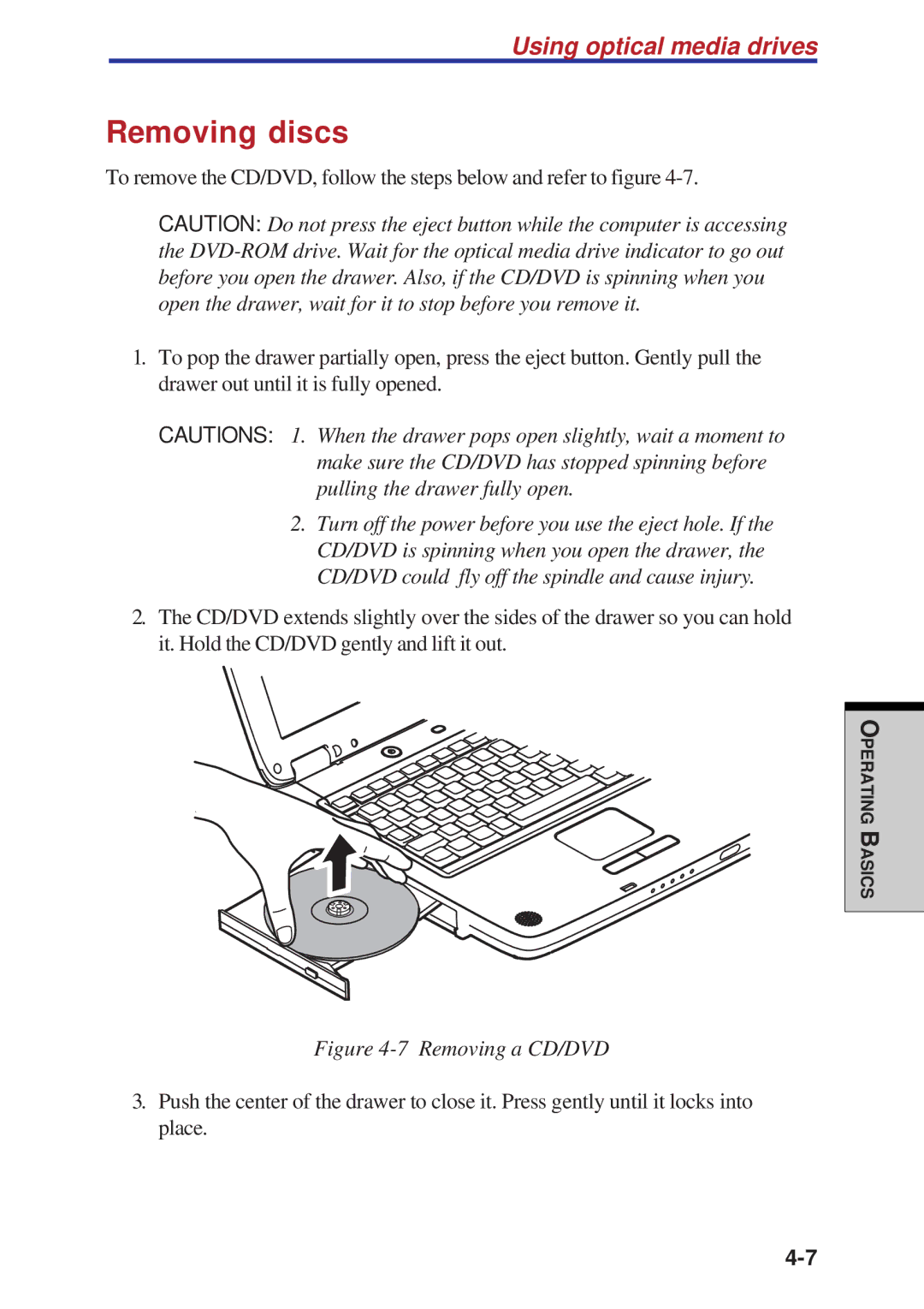 Toshiba A60 user manual Removing discs, Removing a CD/DVD 