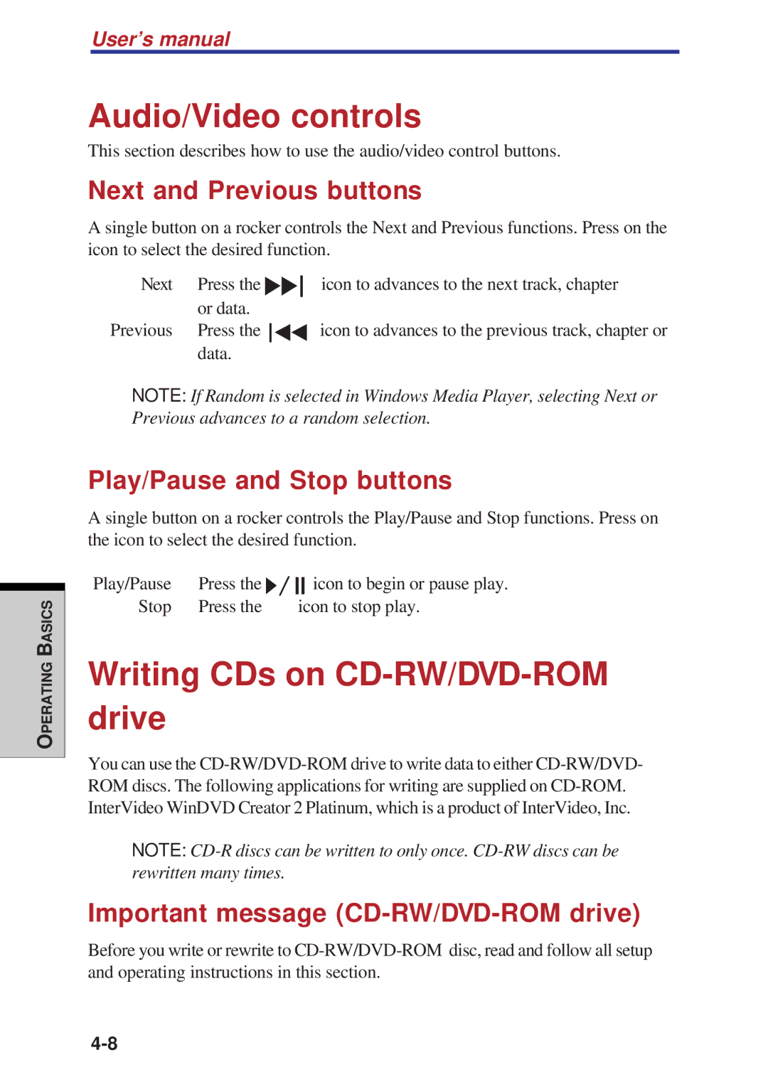 Toshiba A60 user manual Audio/Video controls, Writing CDs on CD-RW/DVD-ROM drive, Next and Previous buttons 