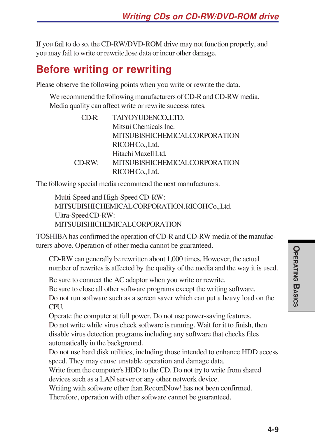 Toshiba A60 user manual Before writing or rewriting, Writing CDs on CD-RW/DVD-ROM drive 