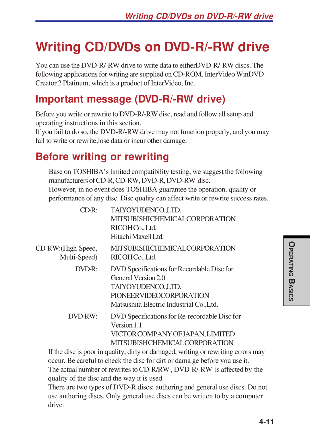 Toshiba A60 user manual Writing CD/DVDs on DVD-R/-RW drive, Important message DVD-R/-RW drive 