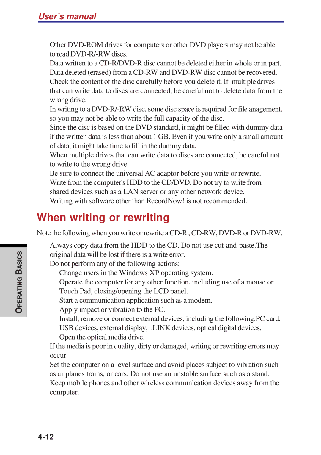 Toshiba A60 user manual When writing or rewriting 