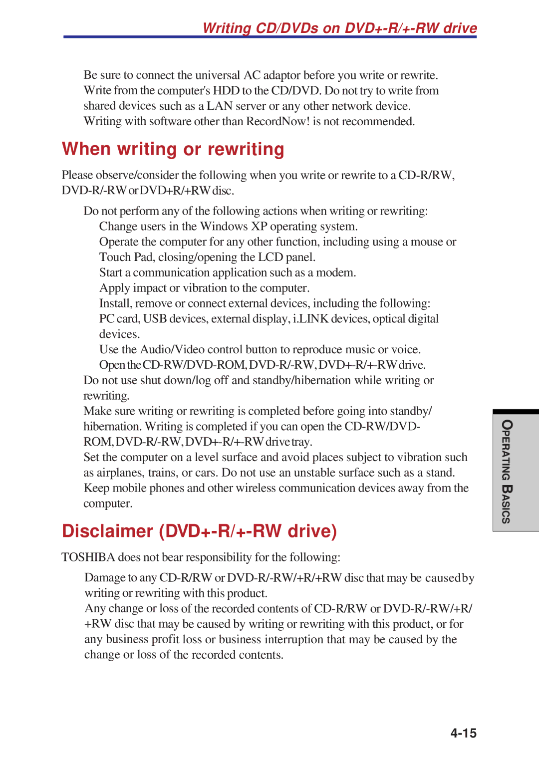 Toshiba A60 user manual When writing or rewriting, Disclaimer DVD+-R/+-RW drive 