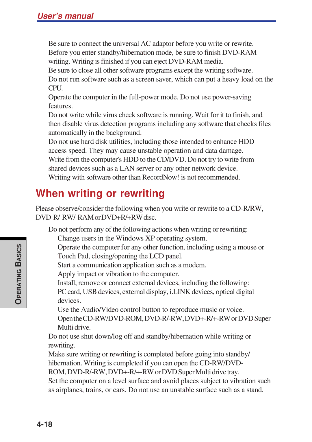 Toshiba A60 user manual When writing or rewriting 