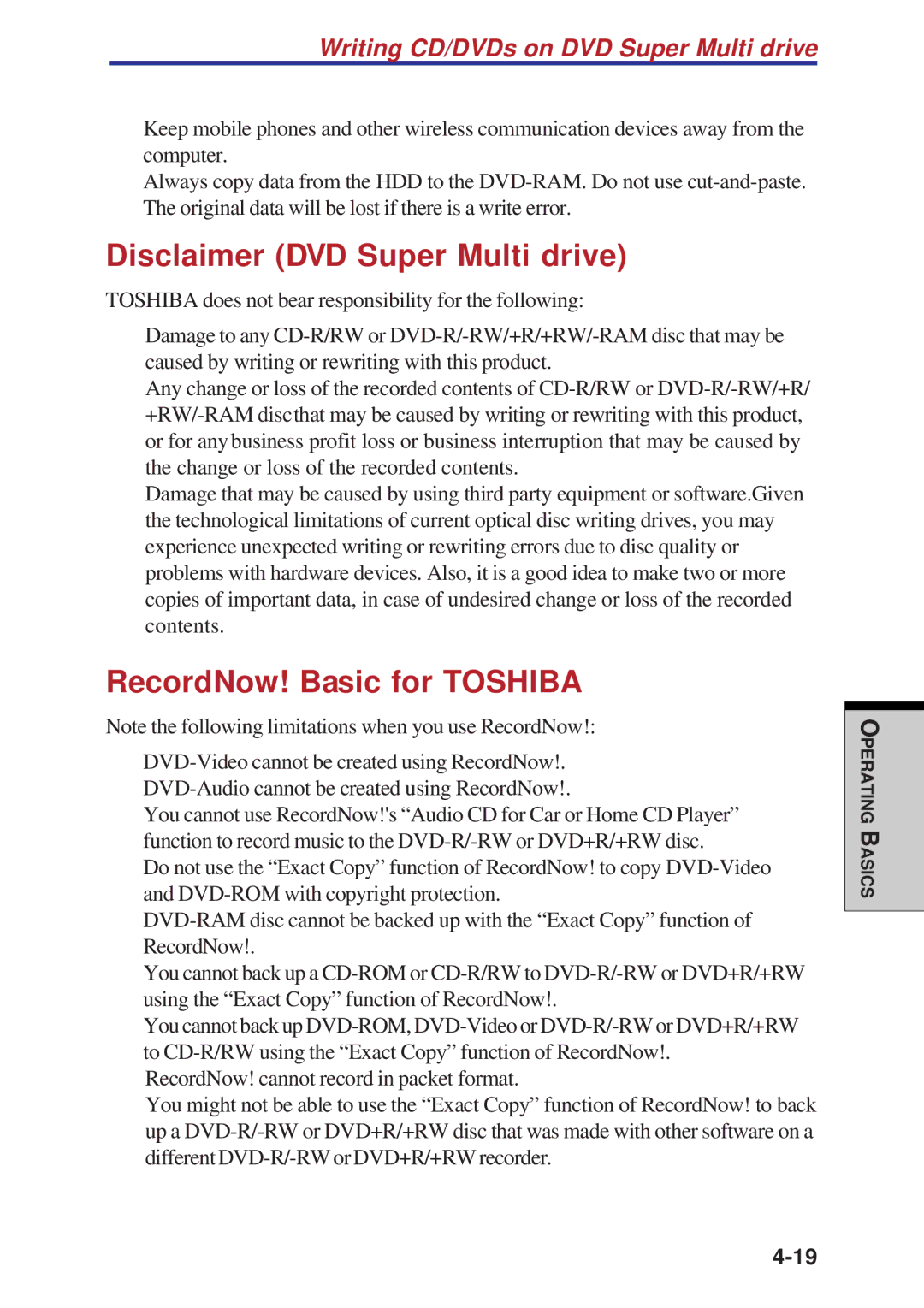 Toshiba A60 user manual Disclaimer DVD Super Multi drive, RecordNow! Basic for Toshiba 