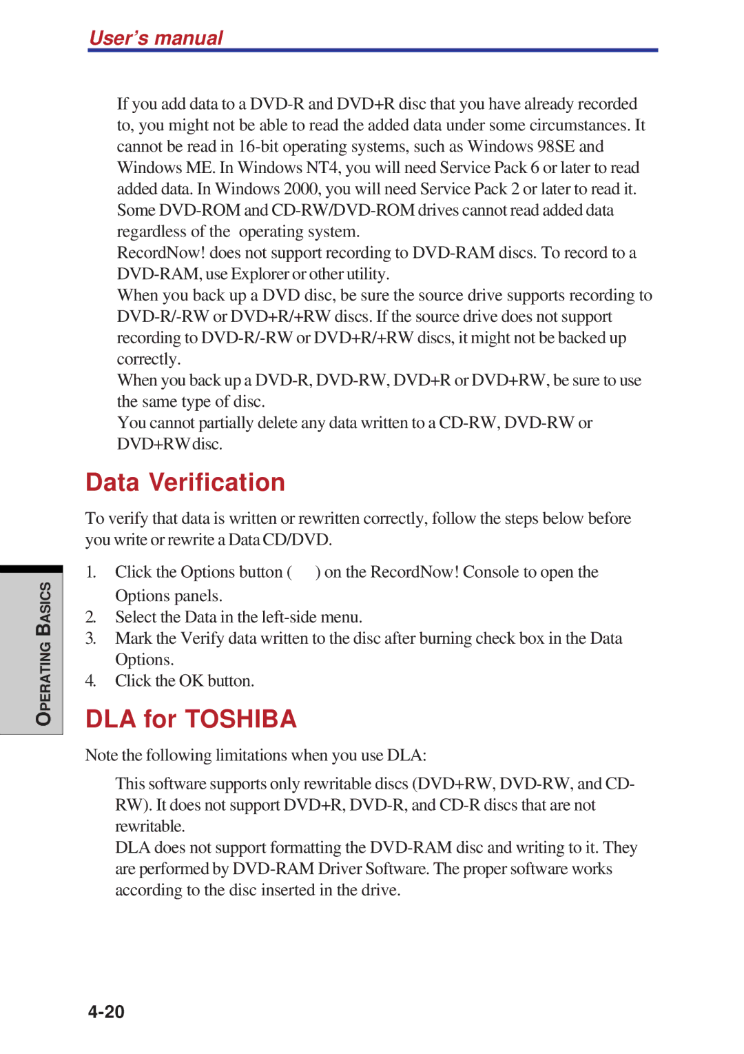 Toshiba A60 user manual Data Verification, DLA for Toshiba 