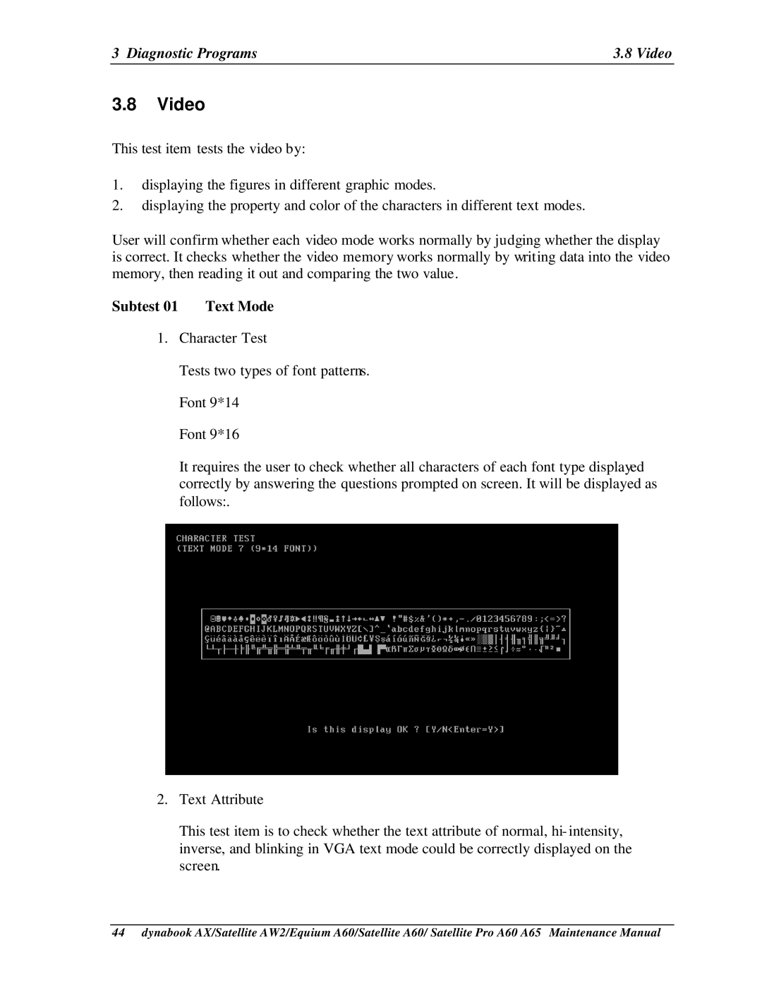 Toshiba A65, PRO A60, SATELLITE A60 manual Diagnostic Programs Video, Subtest 