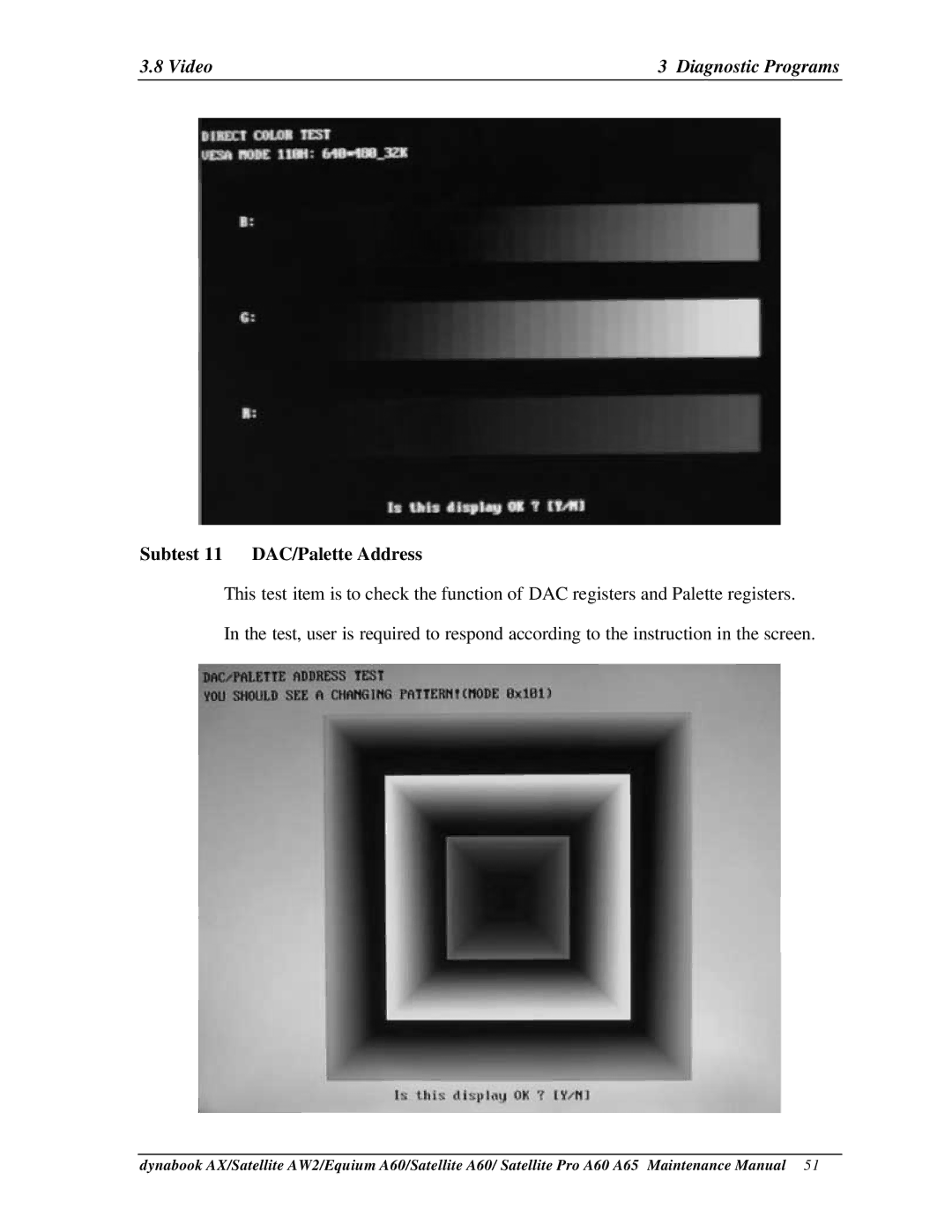 Toshiba PRO A60, A65, SATELLITE A60 manual Subtest 11 DAC/Palette Address 