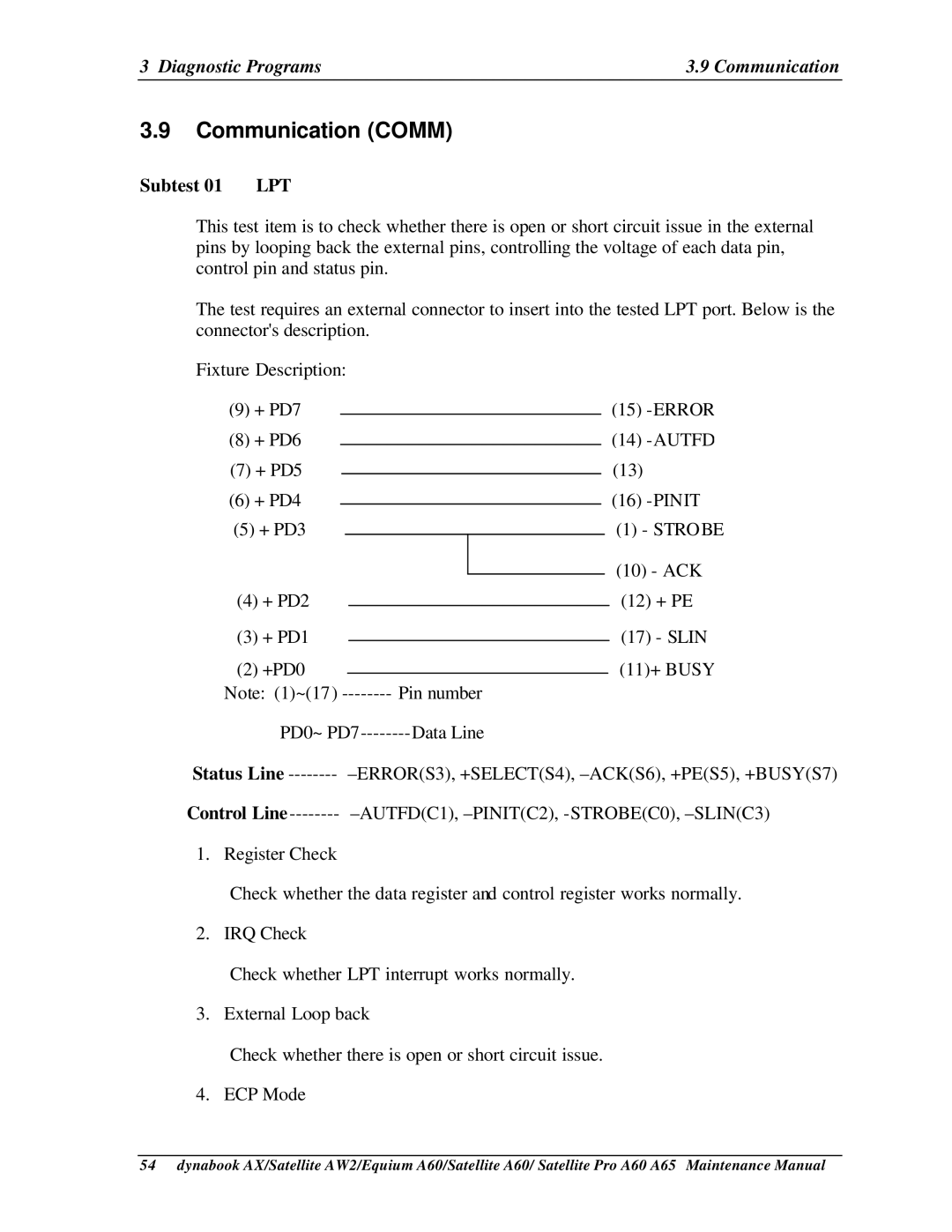 Toshiba PRO A60, A65, SATELLITE A60 manual Communication Comm, Diagnostic Programs Communication, Subtest 01 LPT, Status Line 