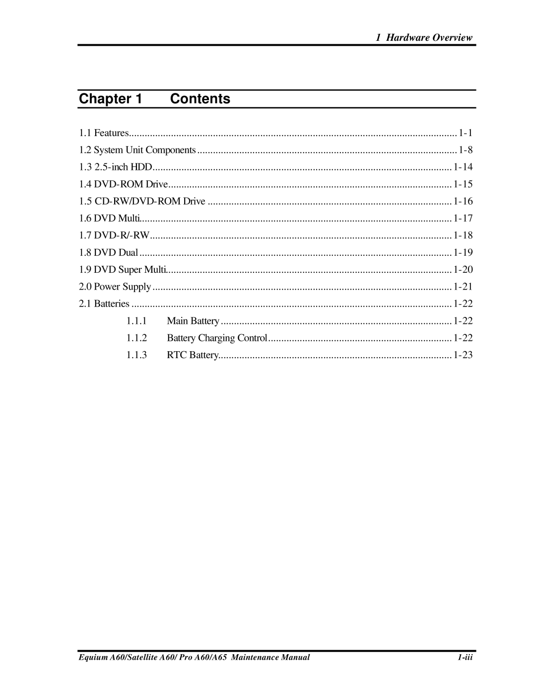 Toshiba PRO A60, A65, SATELLITE A60 manual Chapter Contents 