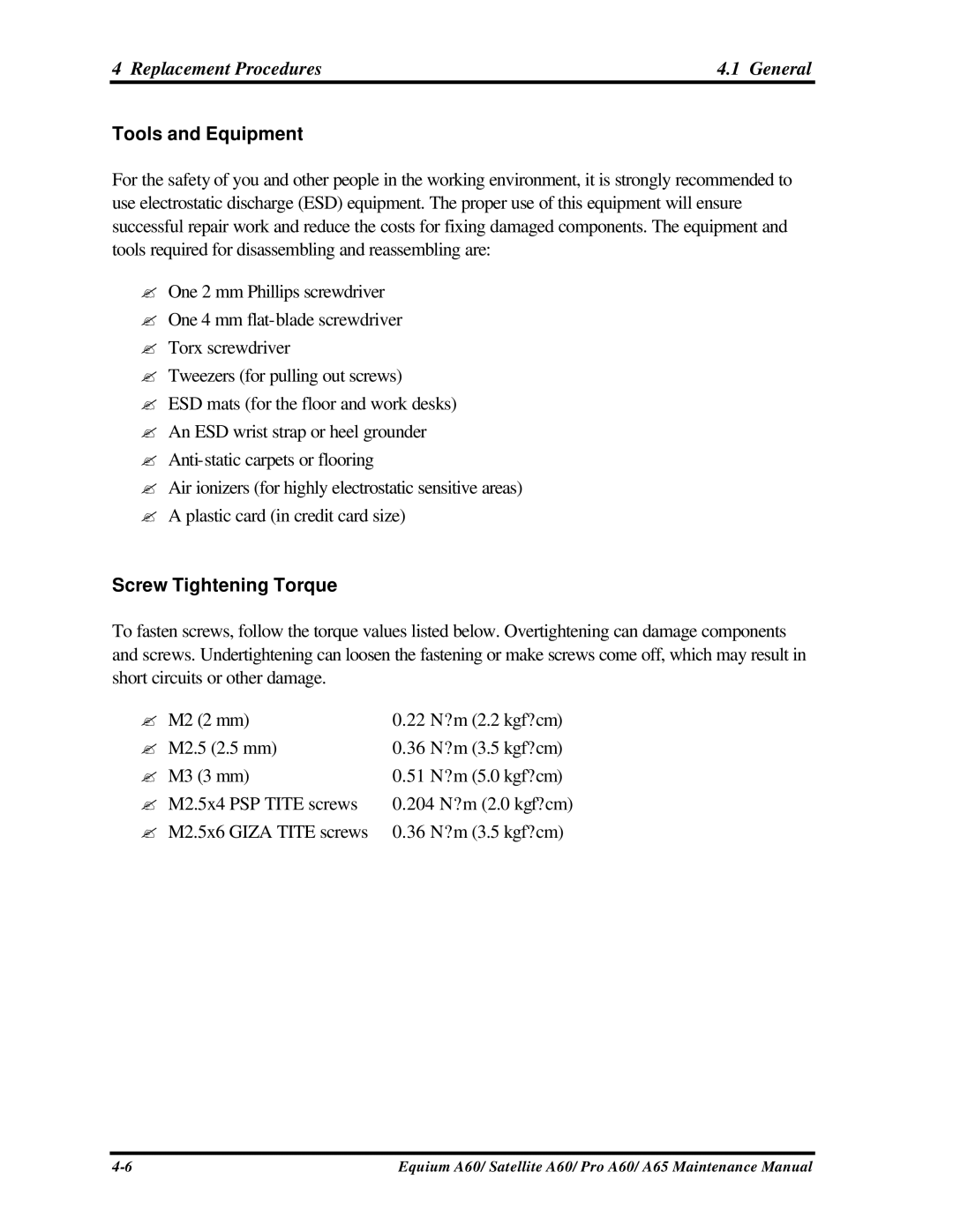 Toshiba A65, PRO A60, SATELLITE A60 manual Tools and Equipment, Screw Tightening Torque 