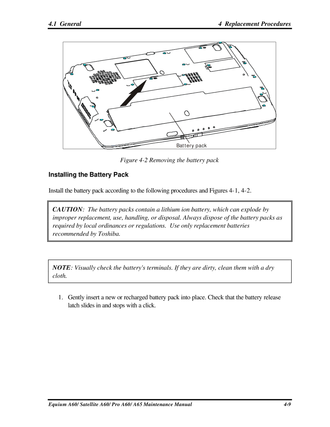 Toshiba A65, PRO A60, SATELLITE A60 manual Installing the Battery Pack 