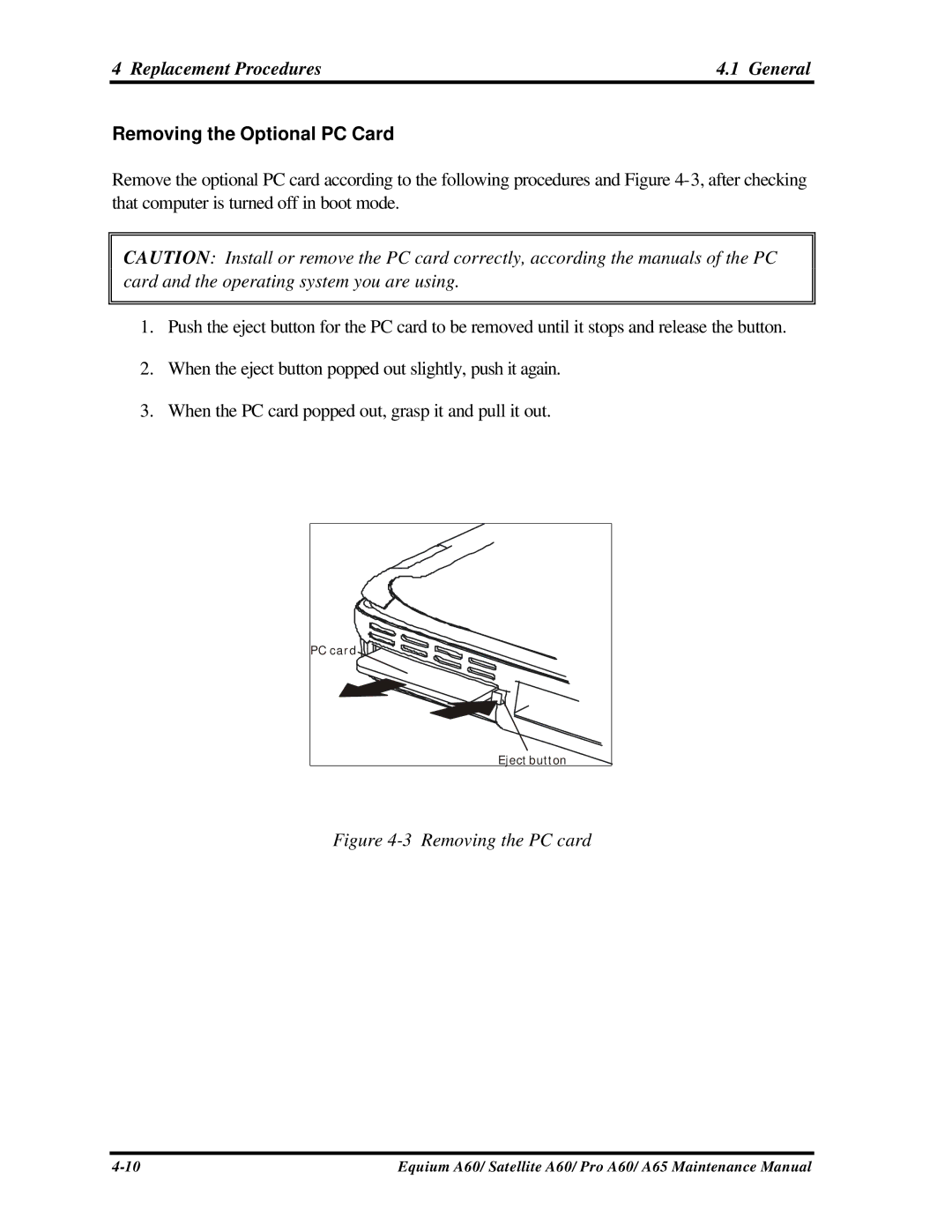 Toshiba PRO A60, A65, SATELLITE A60 manual Removing the Optional PC Card, Removing the PC card 