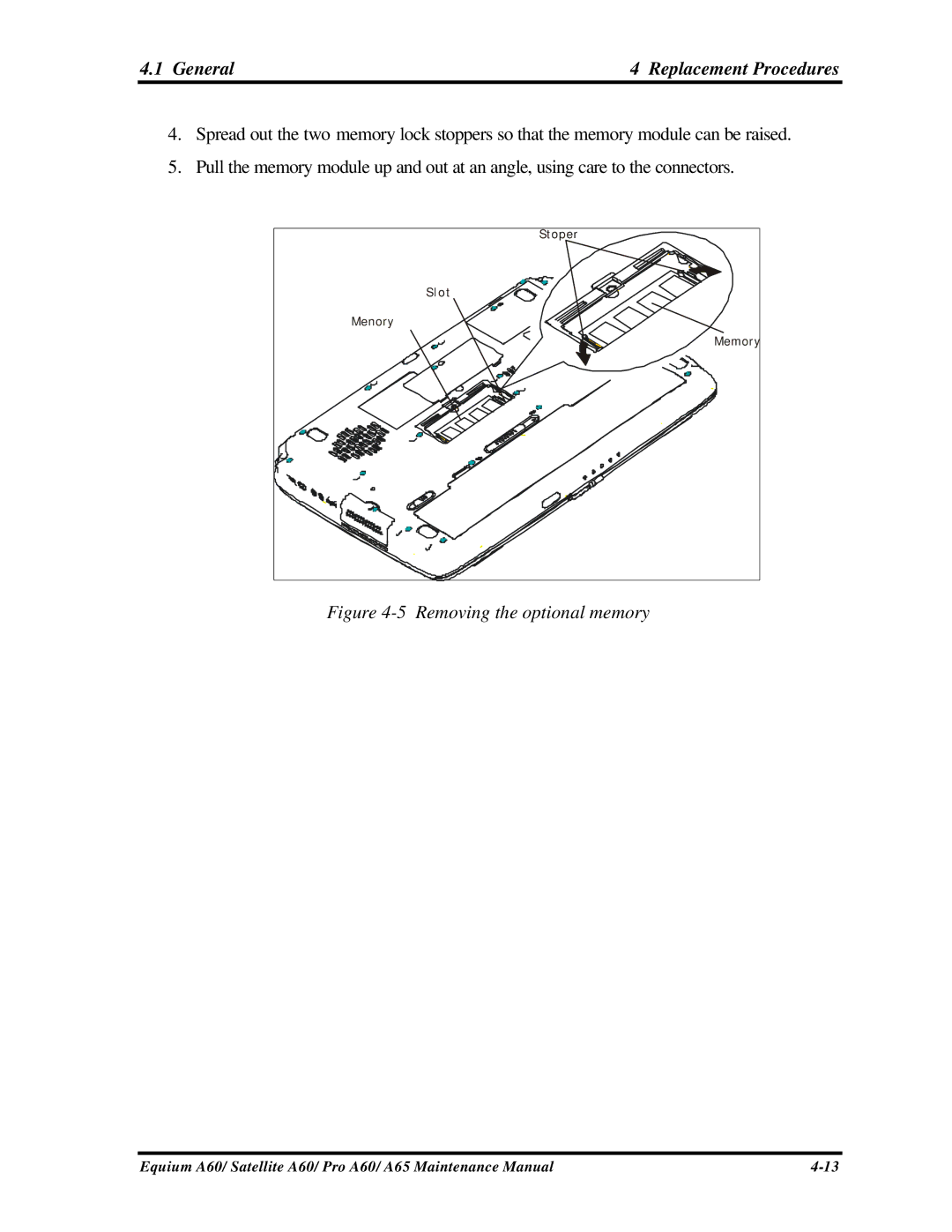 Toshiba PRO A60, A65, SATELLITE A60 manual Removing the optional memory 