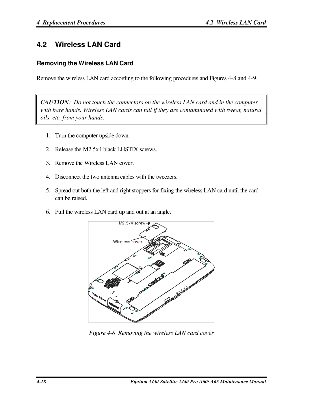 Toshiba A65, PRO A60, SATELLITE A60 manual Replacement Procedures Wireless LAN Card, Removing the Wireless LAN Card 