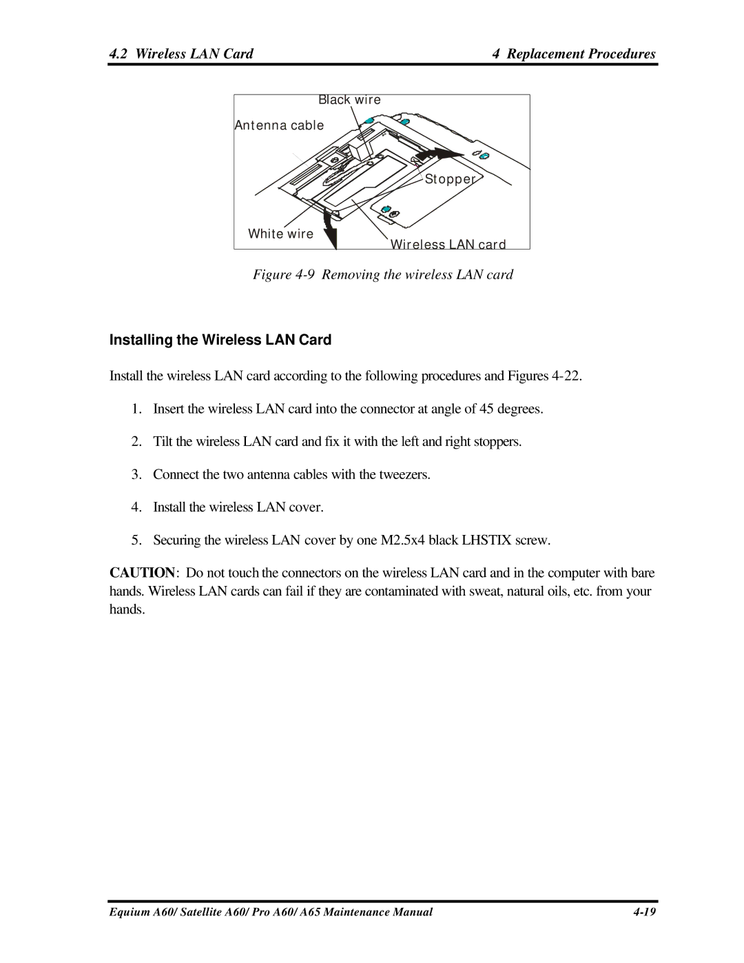 Toshiba PRO A60, A65, SATELLITE A60 manual Wireless LAN Card Replacement Procedures, Installing the Wireless LAN Card 