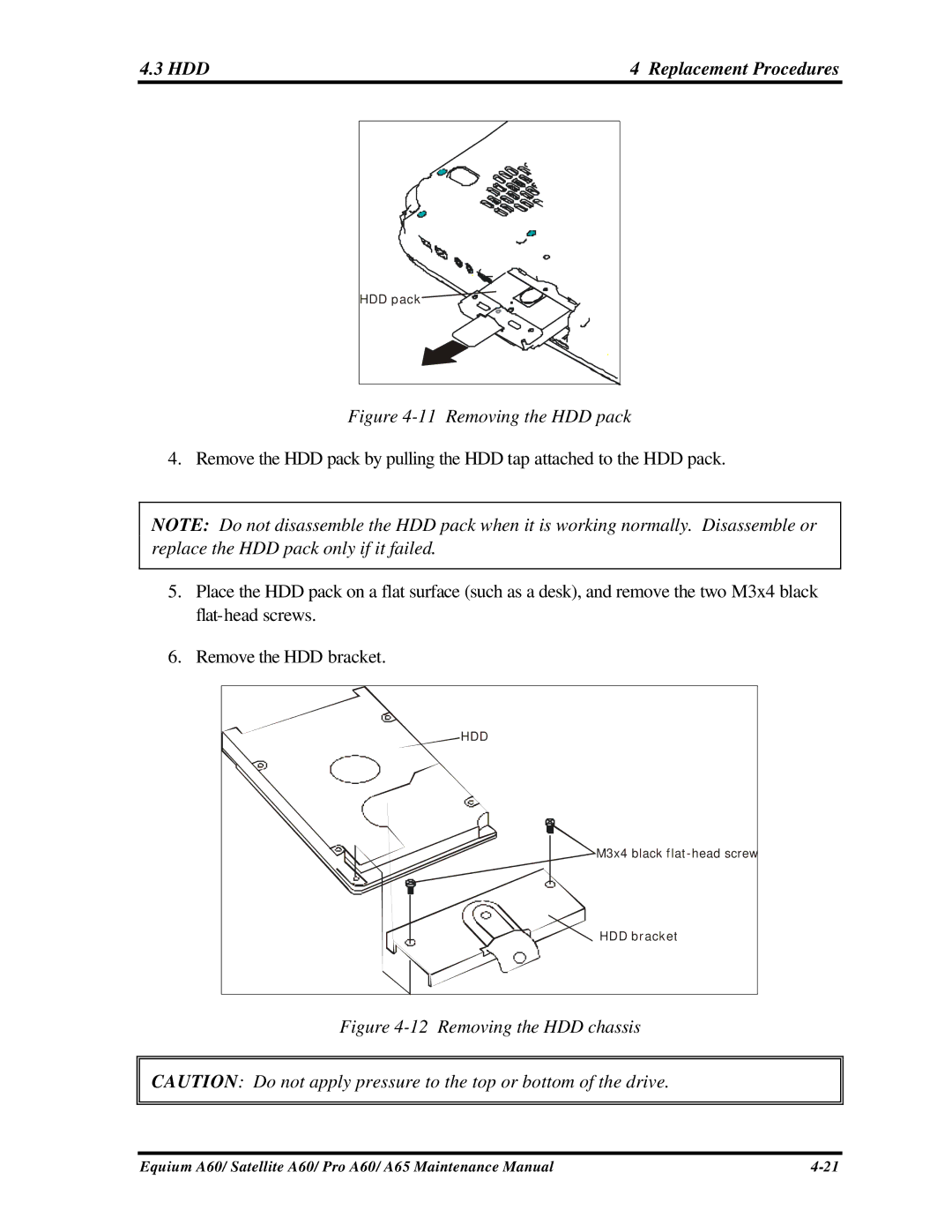 Toshiba A65, PRO A60, SATELLITE A60 manual HDD Replacement Procedures, Removing the HDD pack 