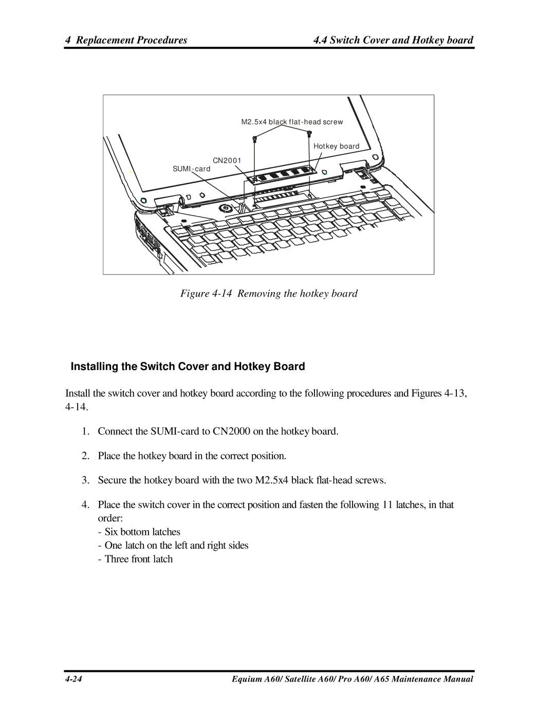 Toshiba A65, PRO A60 Replacement Procedures Switch Cover and Hotkey board, Installing the Switch Cover and Hotkey Board 