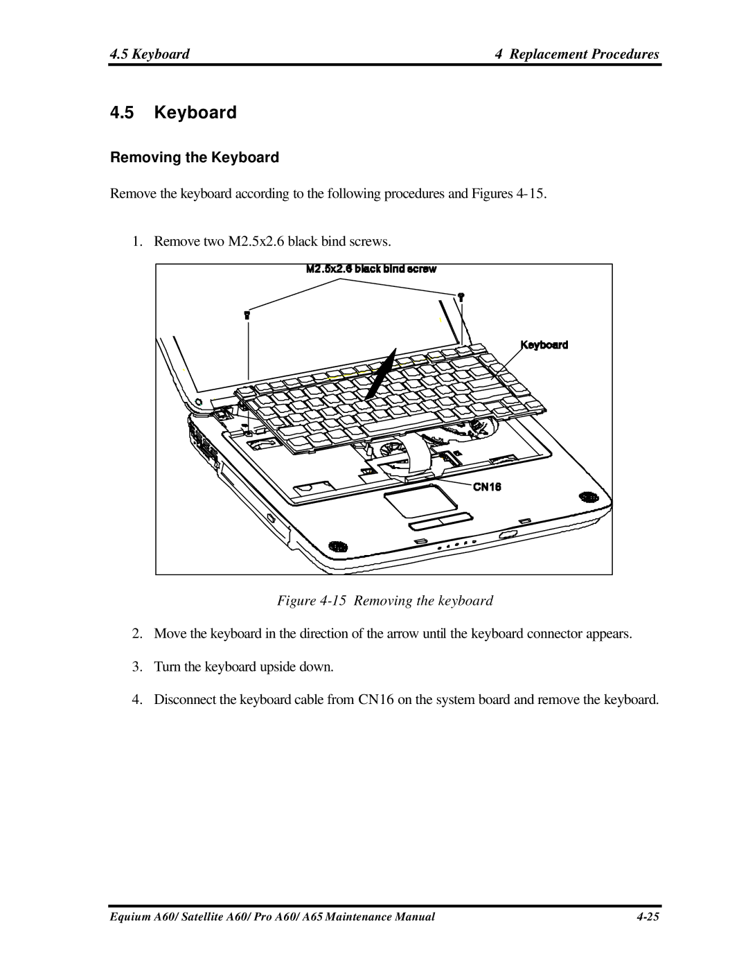 Toshiba PRO A60, A65, SATELLITE A60 manual Keyboard Replacement Procedures, Removing the Keyboard 