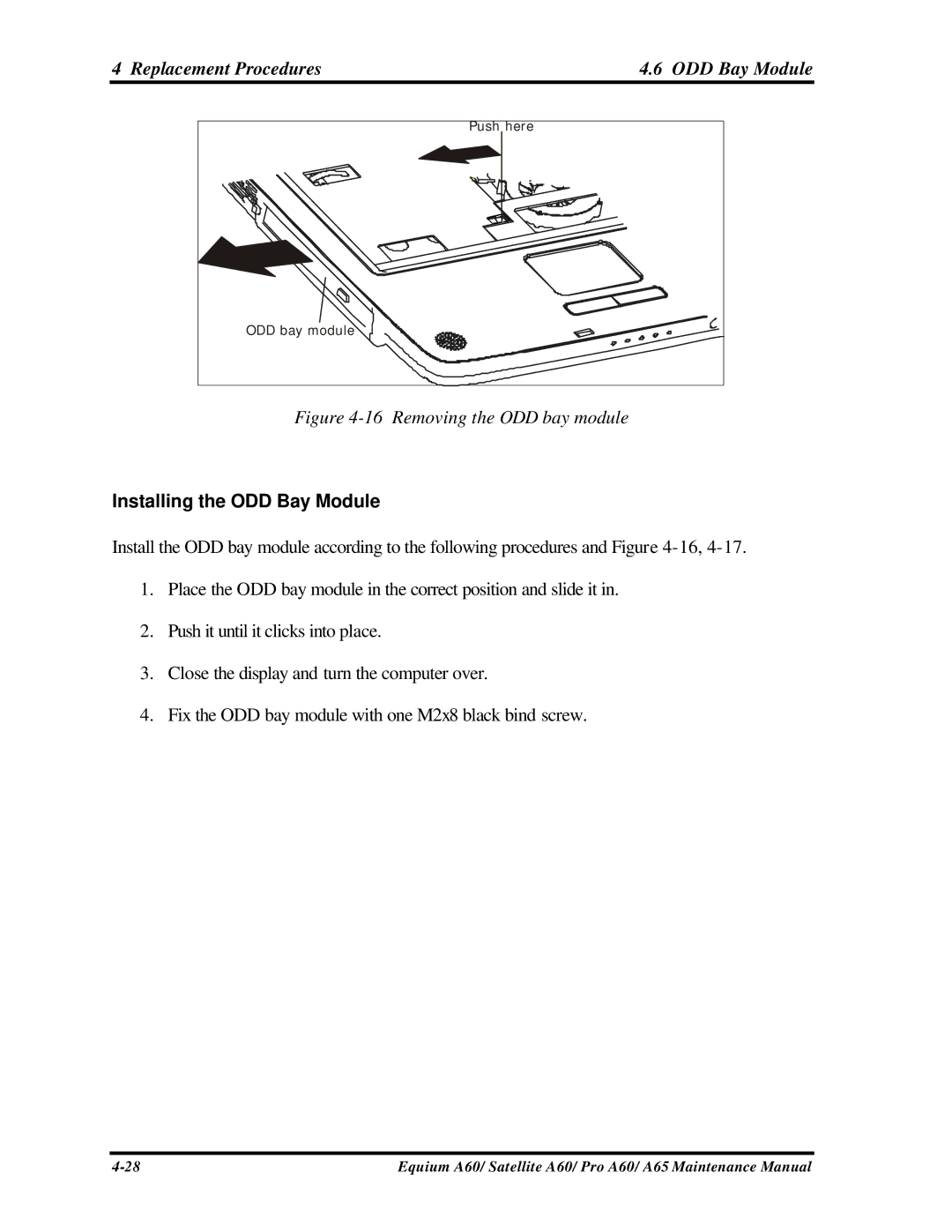 Toshiba PRO A60, A65, SATELLITE A60 manual Replacement Procedures ODD Bay Module, Installing the ODD Bay Module 