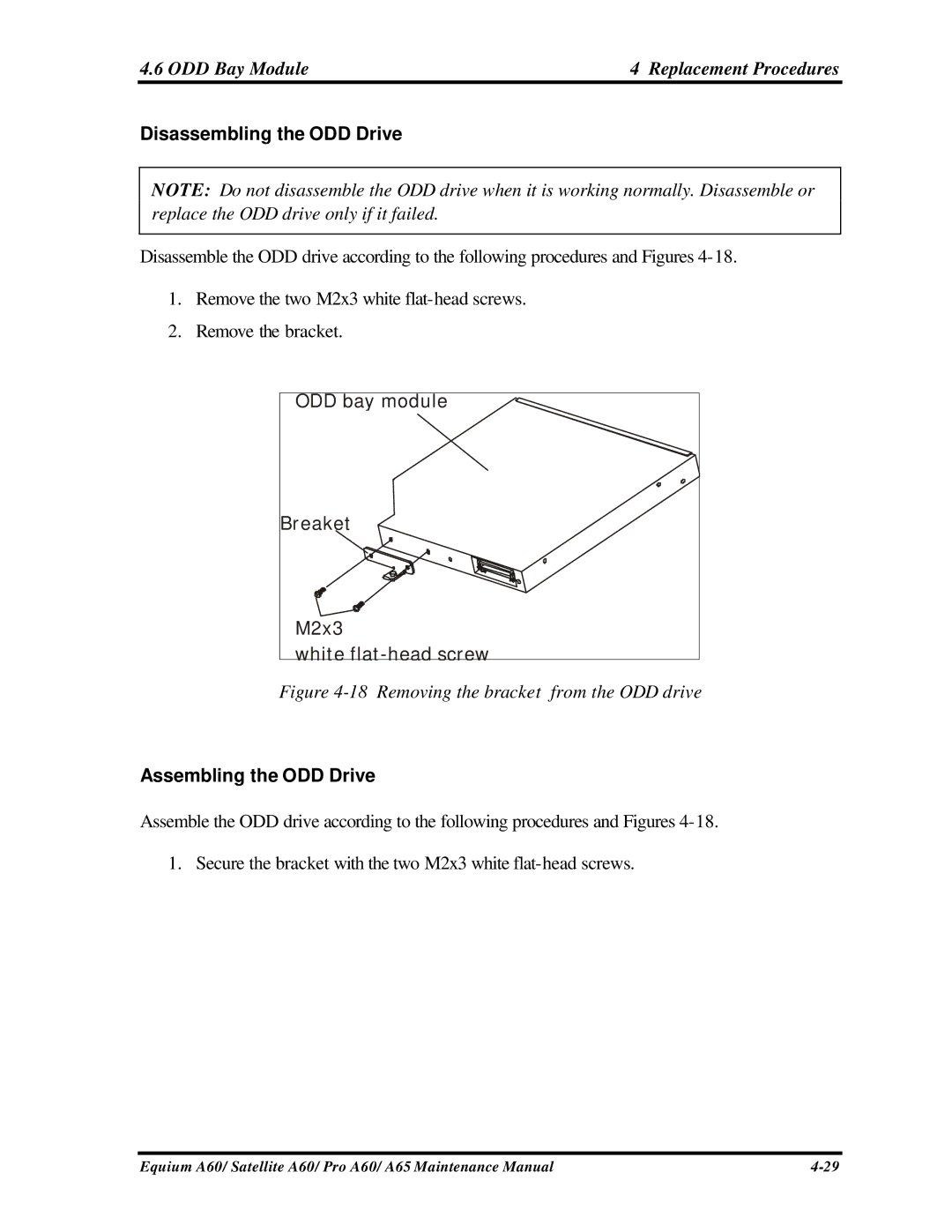 Toshiba SATELLITE A60, A65, PRO A60 manual Disassembling the ODD Drive, Assembling the ODD Drive 