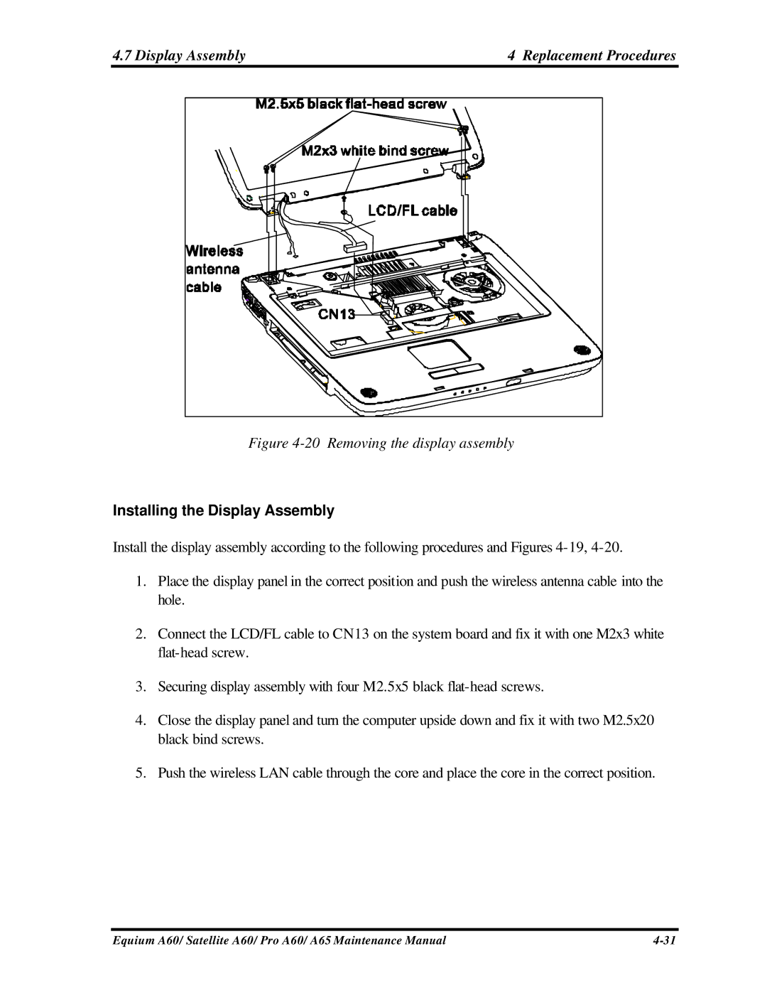 Toshiba PRO A60, A65, SATELLITE A60 manual Display Assembly Replacement Procedures, Installing the Display Assembly 