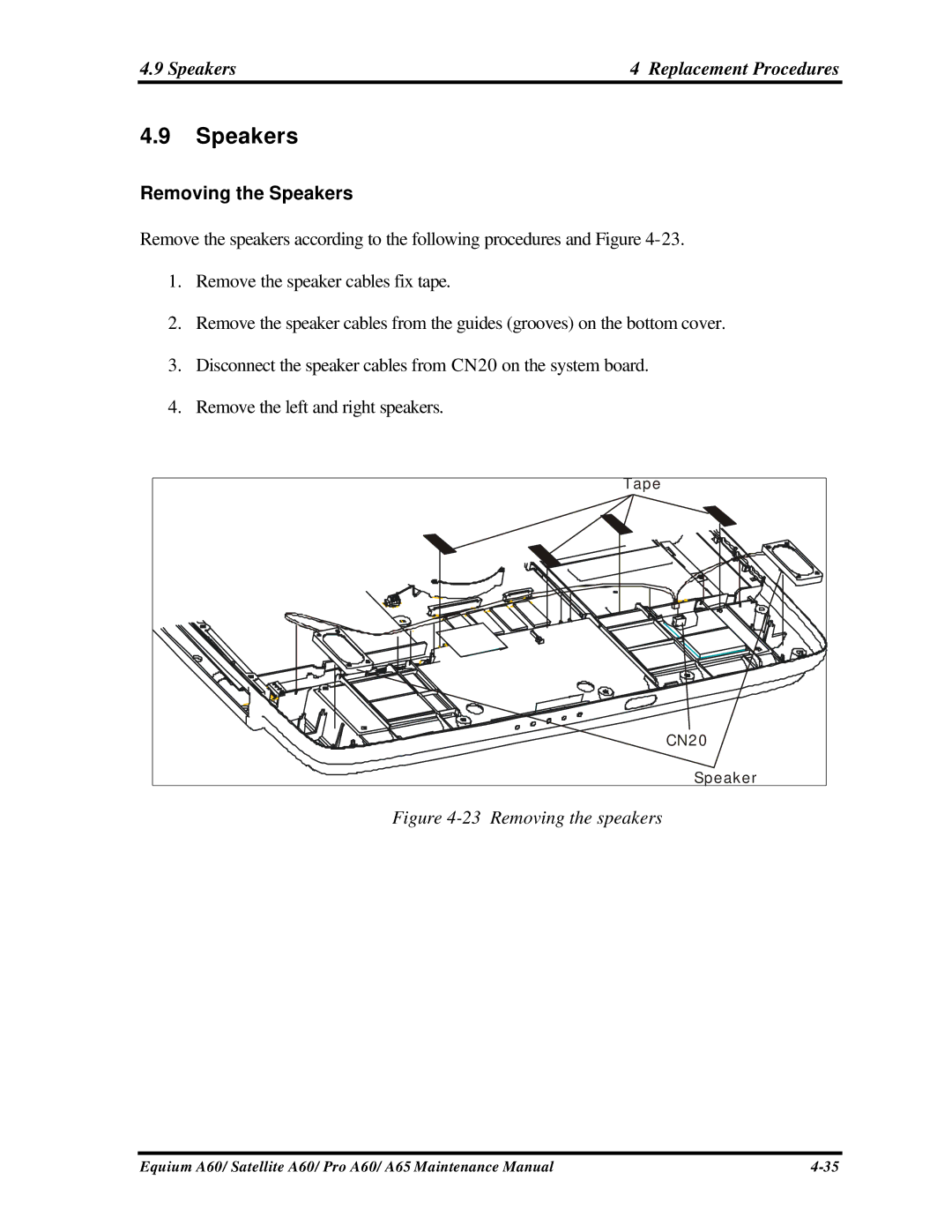 Toshiba SATELLITE A60, A65, PRO A60 manual Speakers Replacement Procedures, Removing the Speakers 