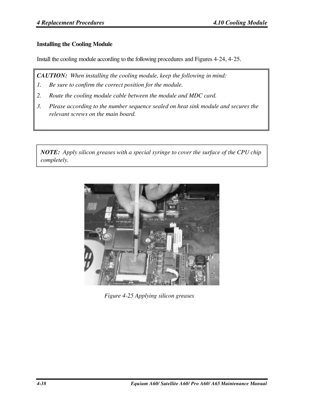 Toshiba SATELLITE A60, A65, PRO A60 manual Replacement Procedures Cooling Module, Installing the Cooling Module 