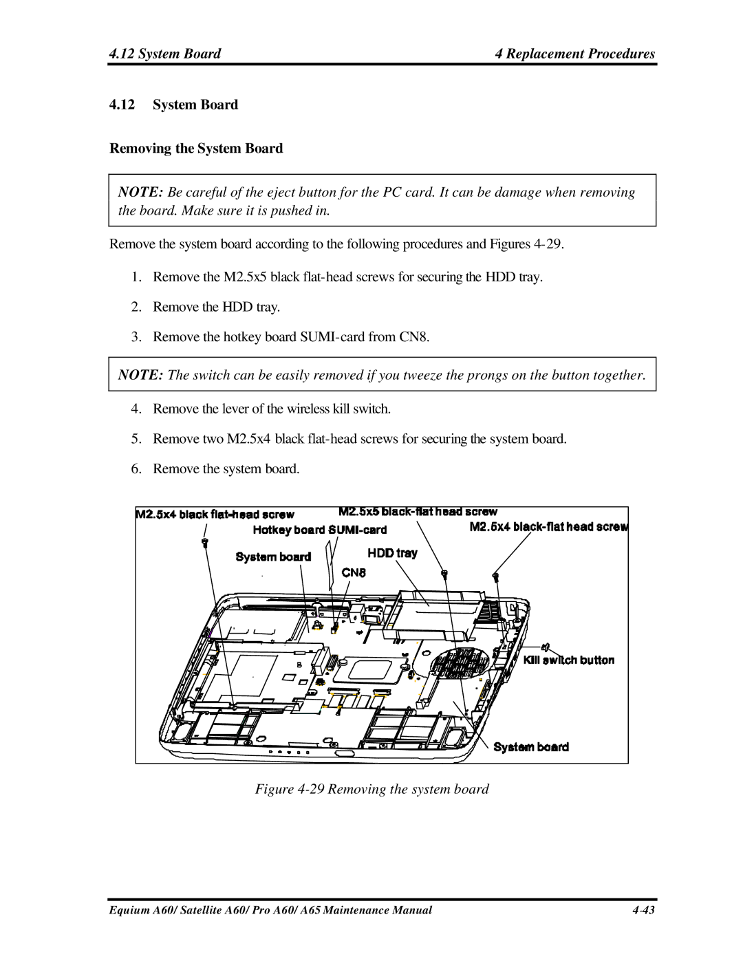 Toshiba PRO A60, A65, SATELLITE A60 manual System Board Replacement Procedures, System Board Removing the System Board 