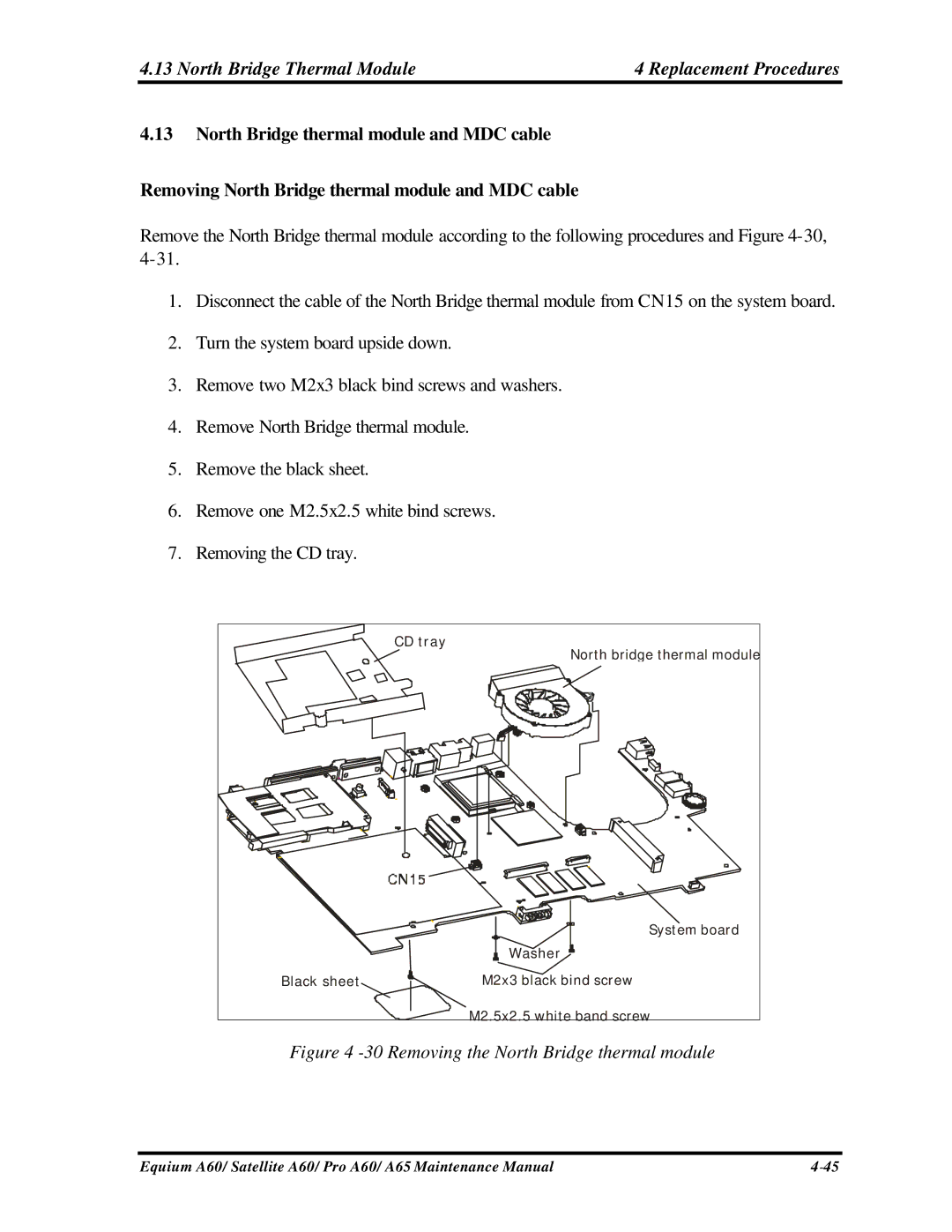 Toshiba A65, PRO A60 manual North Bridge Thermal Module Replacement Procedures, Removing the North Bridge thermal module 