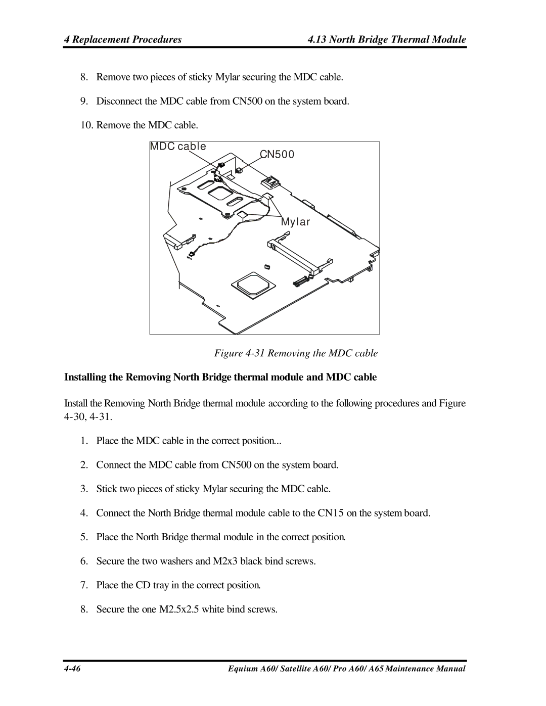 Toshiba PRO A60, A65, SATELLITE A60 manual Replacement Procedures North Bridge Thermal Module, Removing the MDC cable 