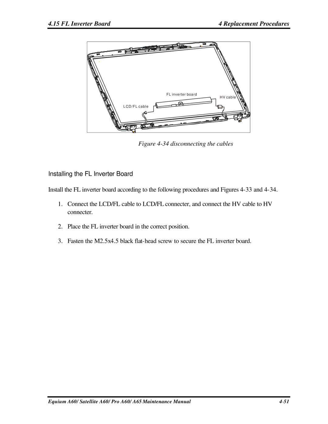 Toshiba A65, PRO A60, SATELLITE A60 manual FL Inverter Board Replacement Procedures, Installing the FL Inverter Board 