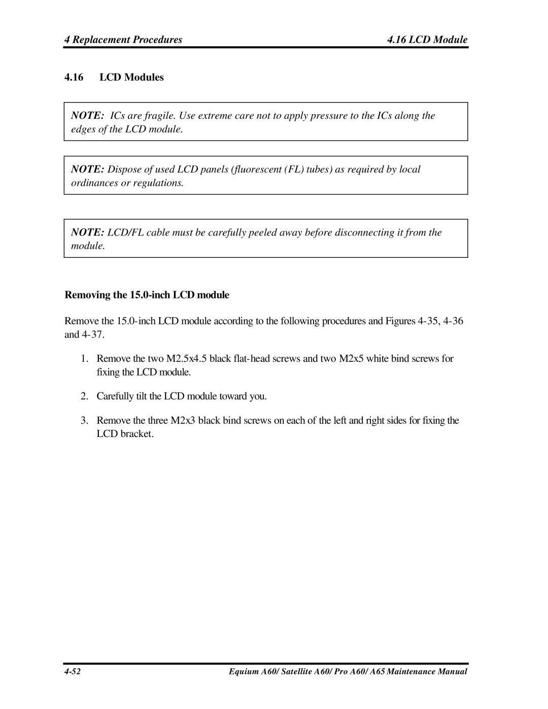 Toshiba PRO A60, A65, SATELLITE A60 manual Replacement Procedures LCD Module, LCD Modules Removing the 15.0-inch LCD module 