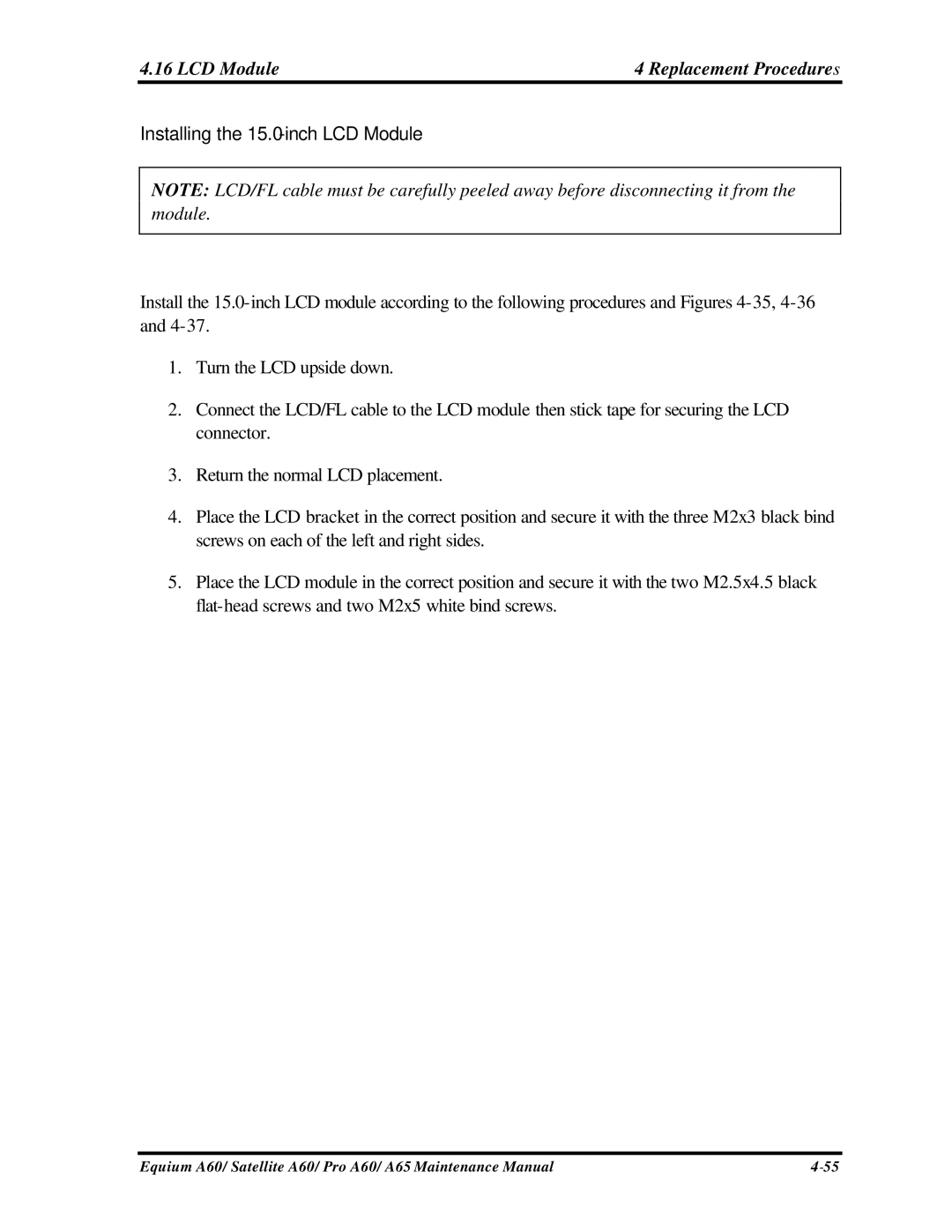 Toshiba PRO A60, A65, SATELLITE A60 manual Installing the 15.0-inch LCD Module 