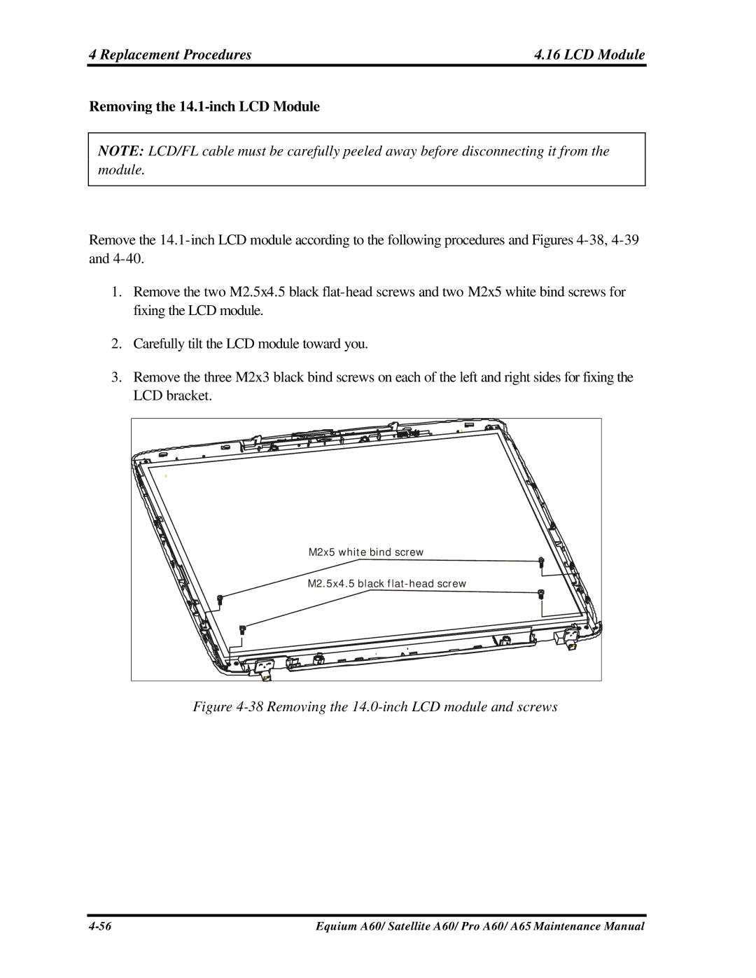 Toshiba SATELLITE A60, A65, PRO A60 manual Removing the 14.1-inch LCD Module, Removing the 14.0-inch LCD module and screws 